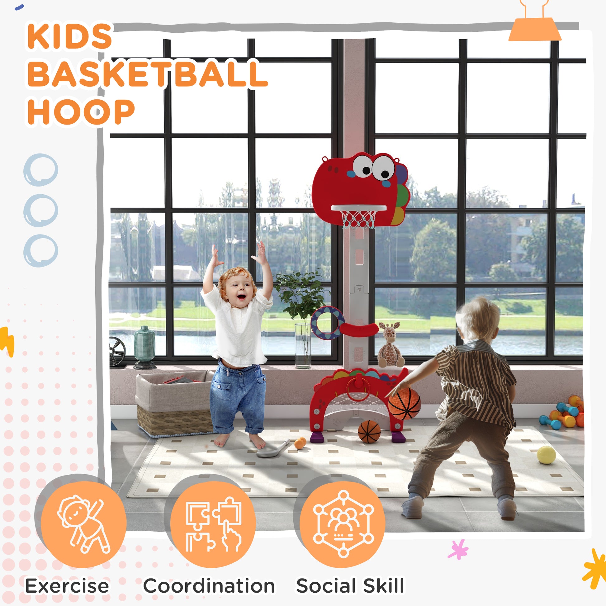 Qaba 5 In 1 Kids Basketball Hoop, Toddler Sports Activity Center, 5 Level Adjustable Height Basketball Goal With Soccer, Golf, Ring Toss & Throw Ball Game For Boys Girls 3 6 Years Indoor, Red Red Plastic