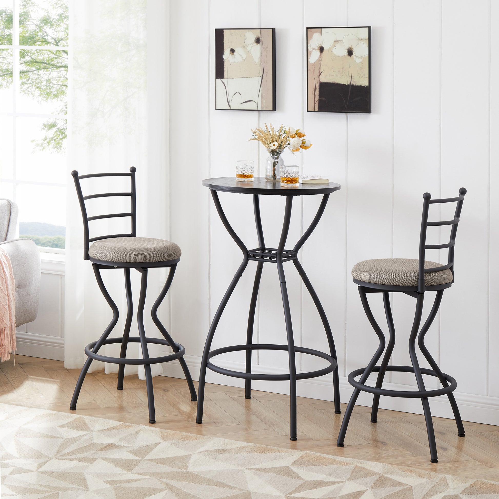 3 Bar Table And Chairs Set For Dining Room Industrial Counter Height Bar Chairs With Metal Back, Fabric Seat Black Dining Room American Design,American Traditional,Antique Metal