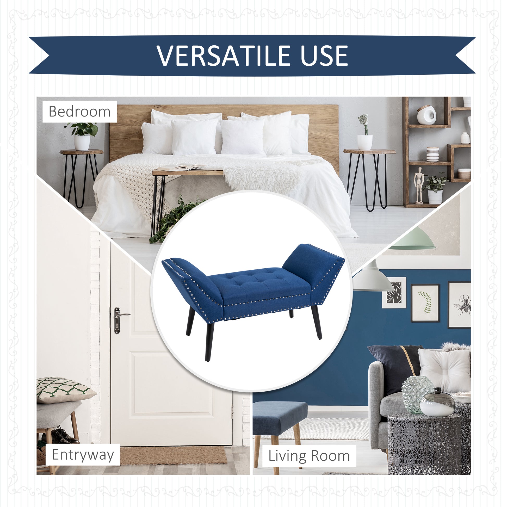 Homcom Modern Button Tufted Sitting Bench, Accent Fabric Upholstered Ottoman For Bedroom Or Living Room, Blue Blue Polyester