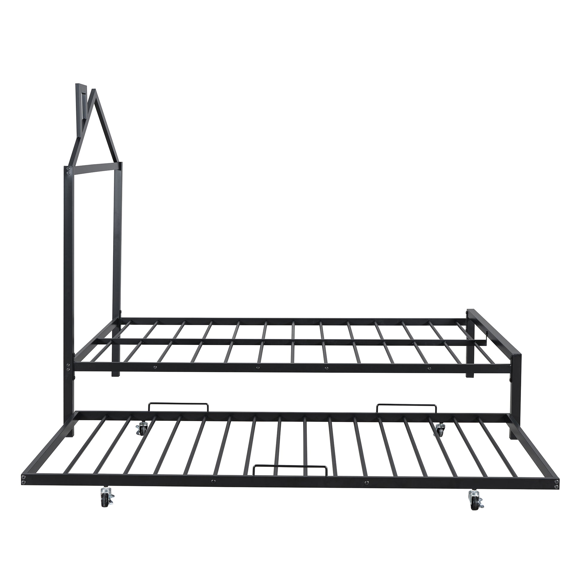 Full Size Metal Platform Bed With Twin Size Trundle,House Shaped Headboard Design, Black Full Black Metal