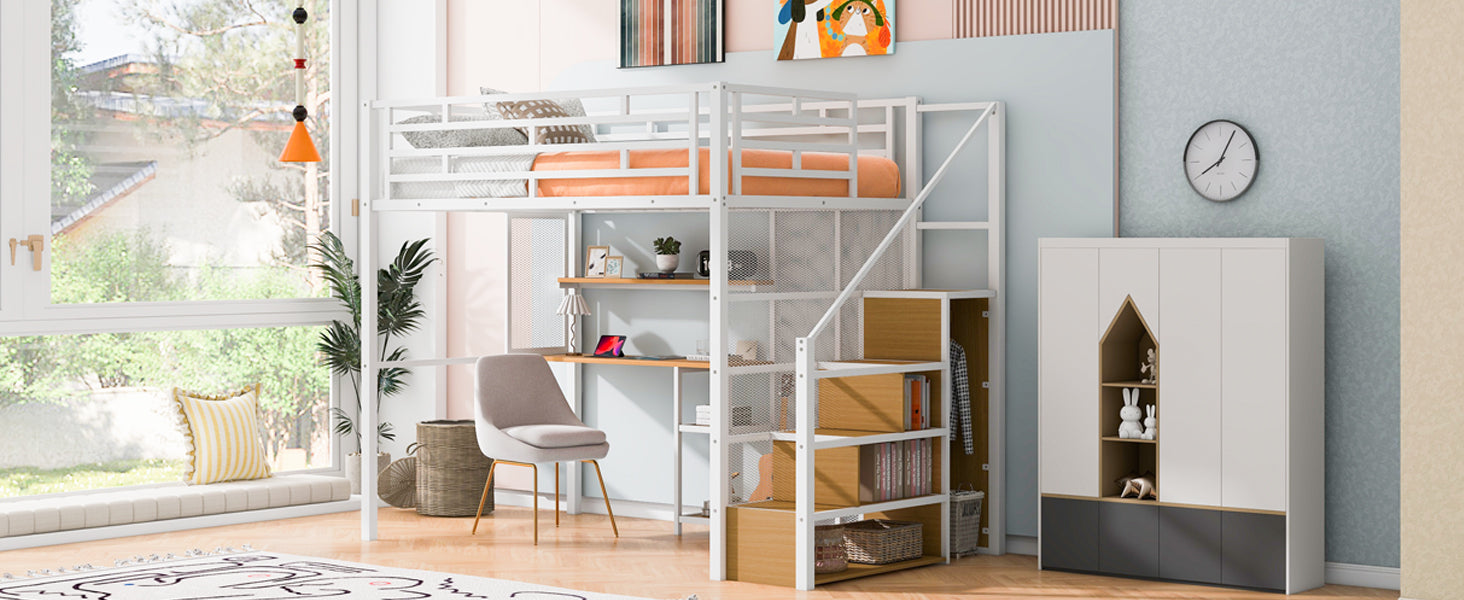 Full Size Metal Loft Bed With Wardrobe, Desk, Storage Shelves, White Expected Arrival Time: 10.3 Box Spring Not Required Full White Metal Mdf Metal