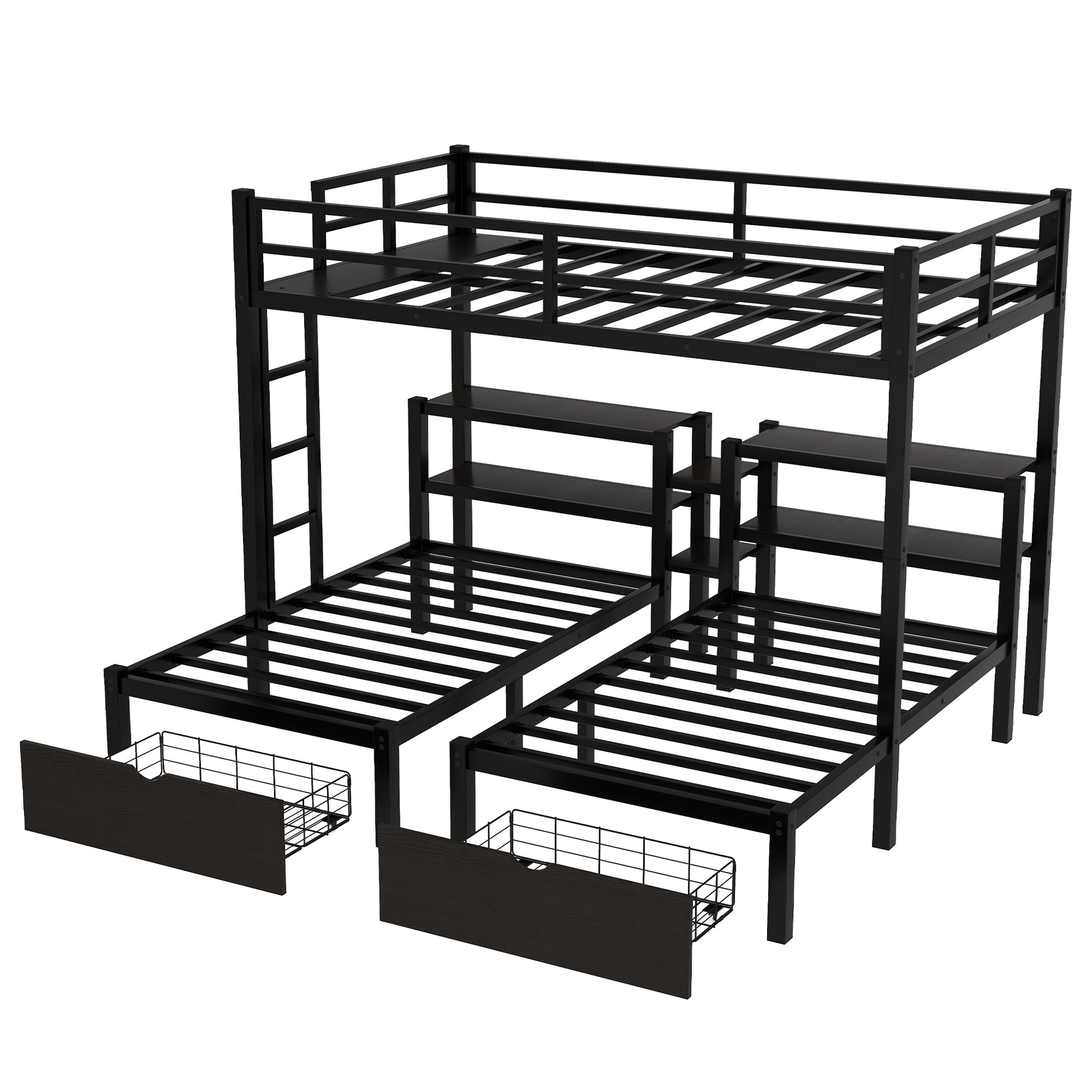 Full Xl Over Twin & Twin Triple Bunk Bed With Drawers,Multi Functional Metal Frame Bed, Bed Head With Shelving, Black Full Xl Black Metal