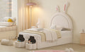 Twin Size Upholstered Rabbit Shape Bed With 2 Storage Stools, Velvet Platform Bed With Cartoon Ears Shaped Headboard, White Twin White Wood