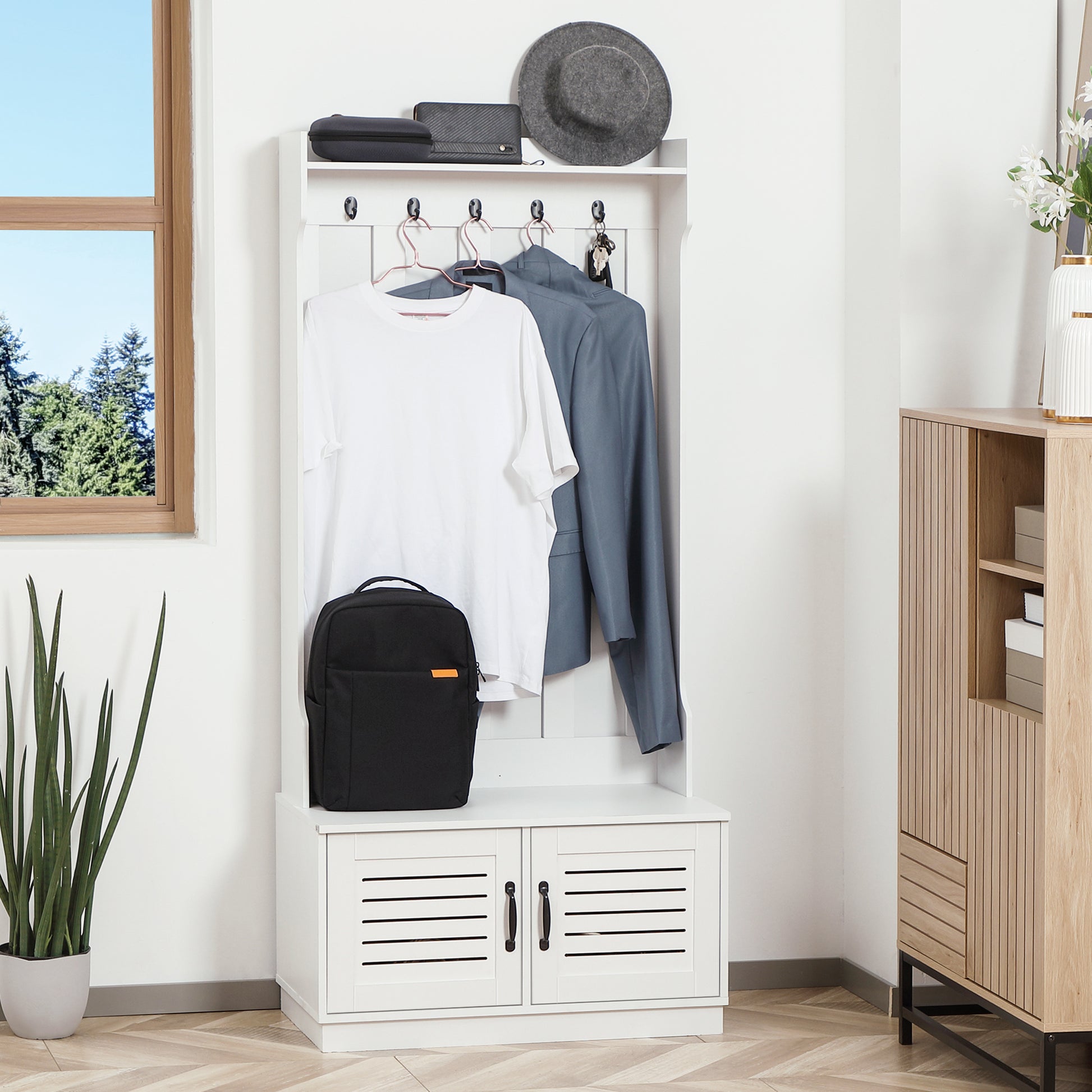 Homcom Modern Hall Tree, Entryway Coat Rack With Shoe Bench, 5 Hooks, Storage Shelf And Slatted Door Cabinet For Hallway, White White Particle Board