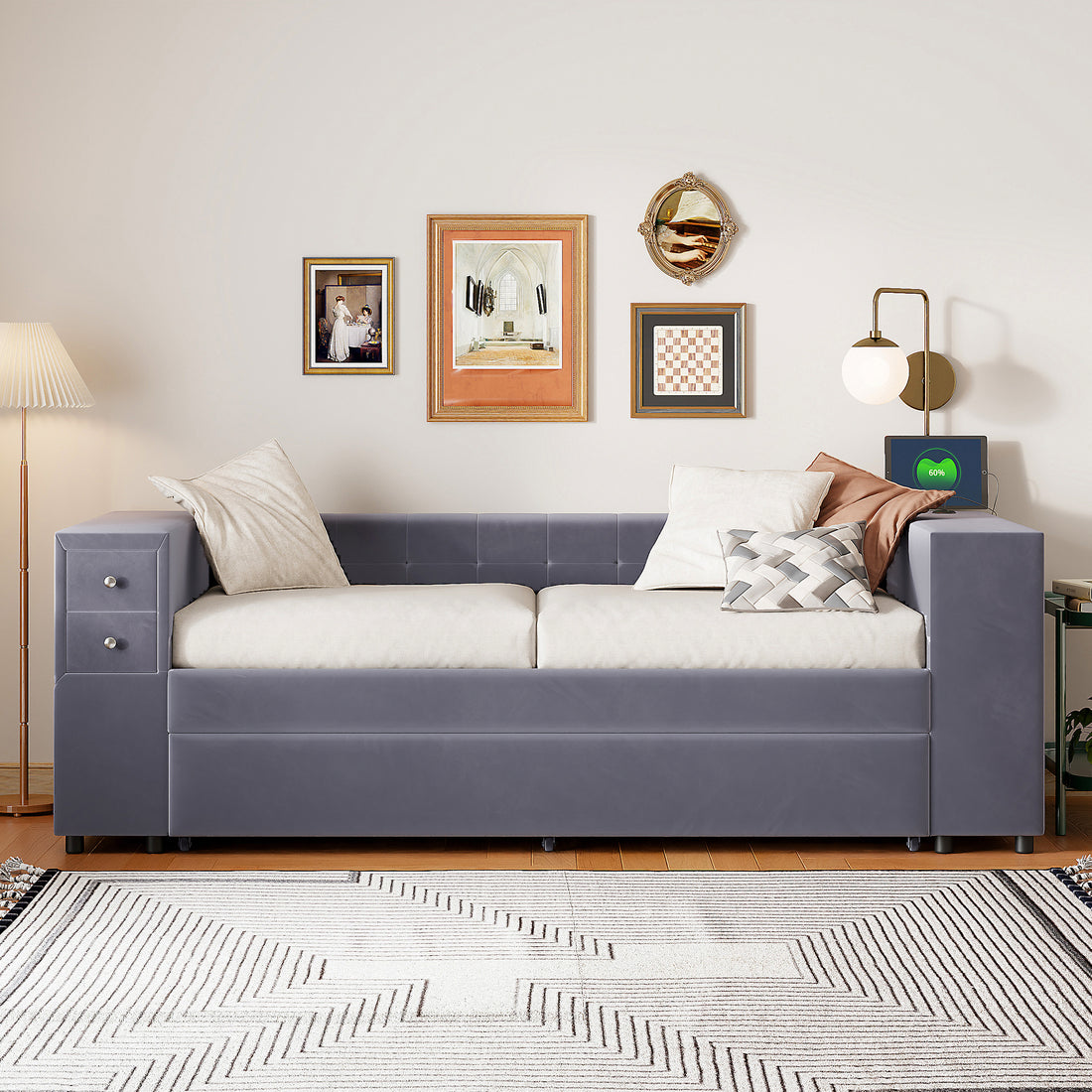Twin Upholstered Bed With Storage And Twin Trundle, Usb Charging Ports, French Velvet, Gray Twin Gray Velvet