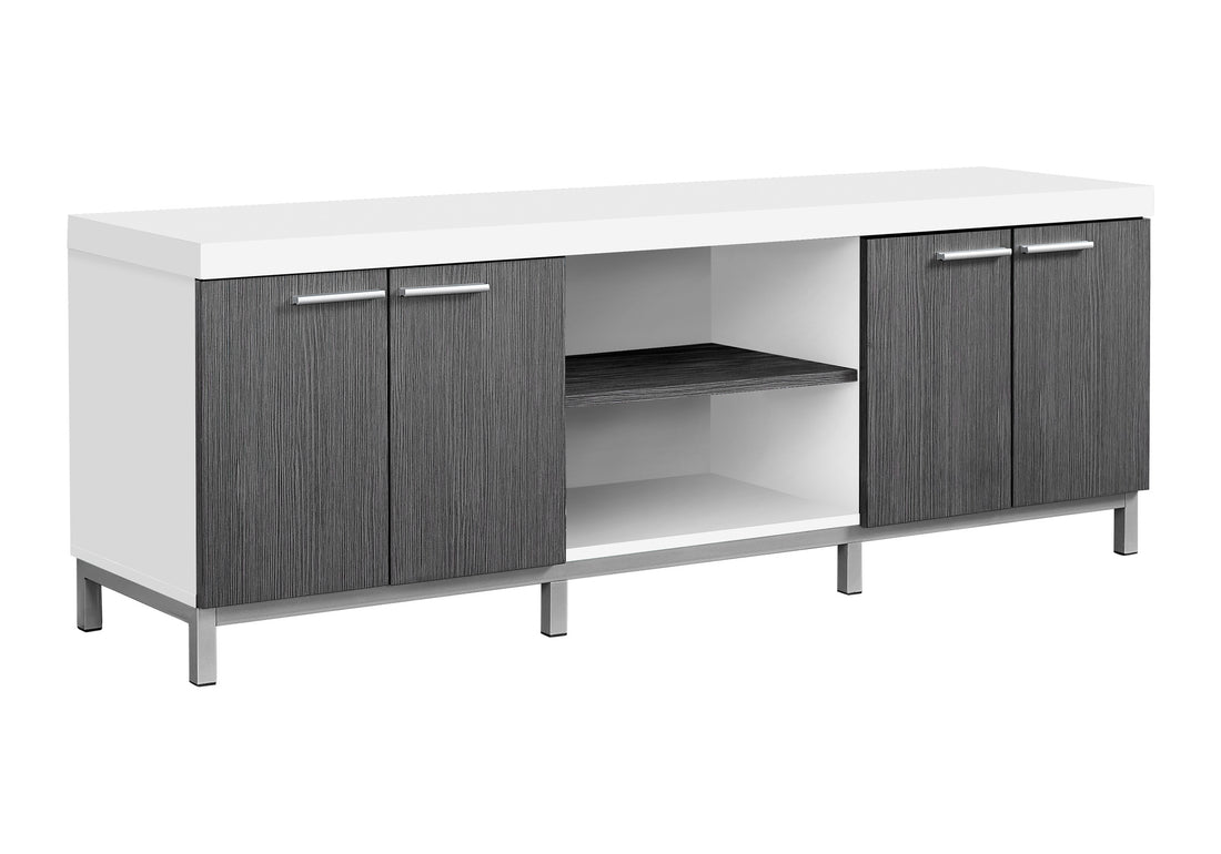 Tv Stand, 60 Inch, Console, Media Entertainment Center, Storage Cabinet, Living Room, Bedroom, White And Grey Laminate, Contemporary, Modern White 80 89 Inches Particle Board