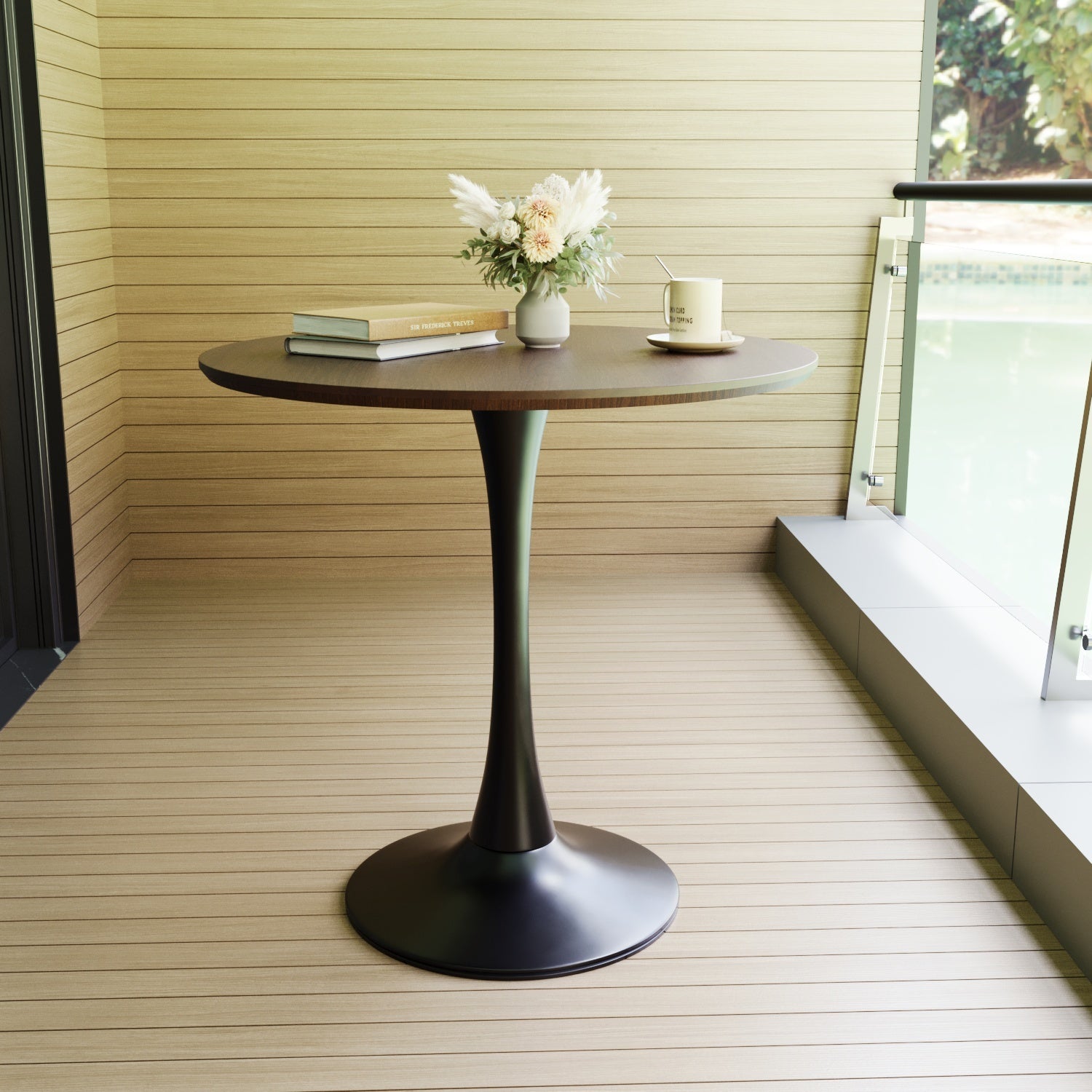 Walnut Color Round Dining Table, 31.5" Tulip Table Kitchen Dining Table 2 4 People With Mdf Table Top & Pedestal Base, Mid Century End Table Leisure Coffee Table Office Living Room Table Walnut Black Mdf