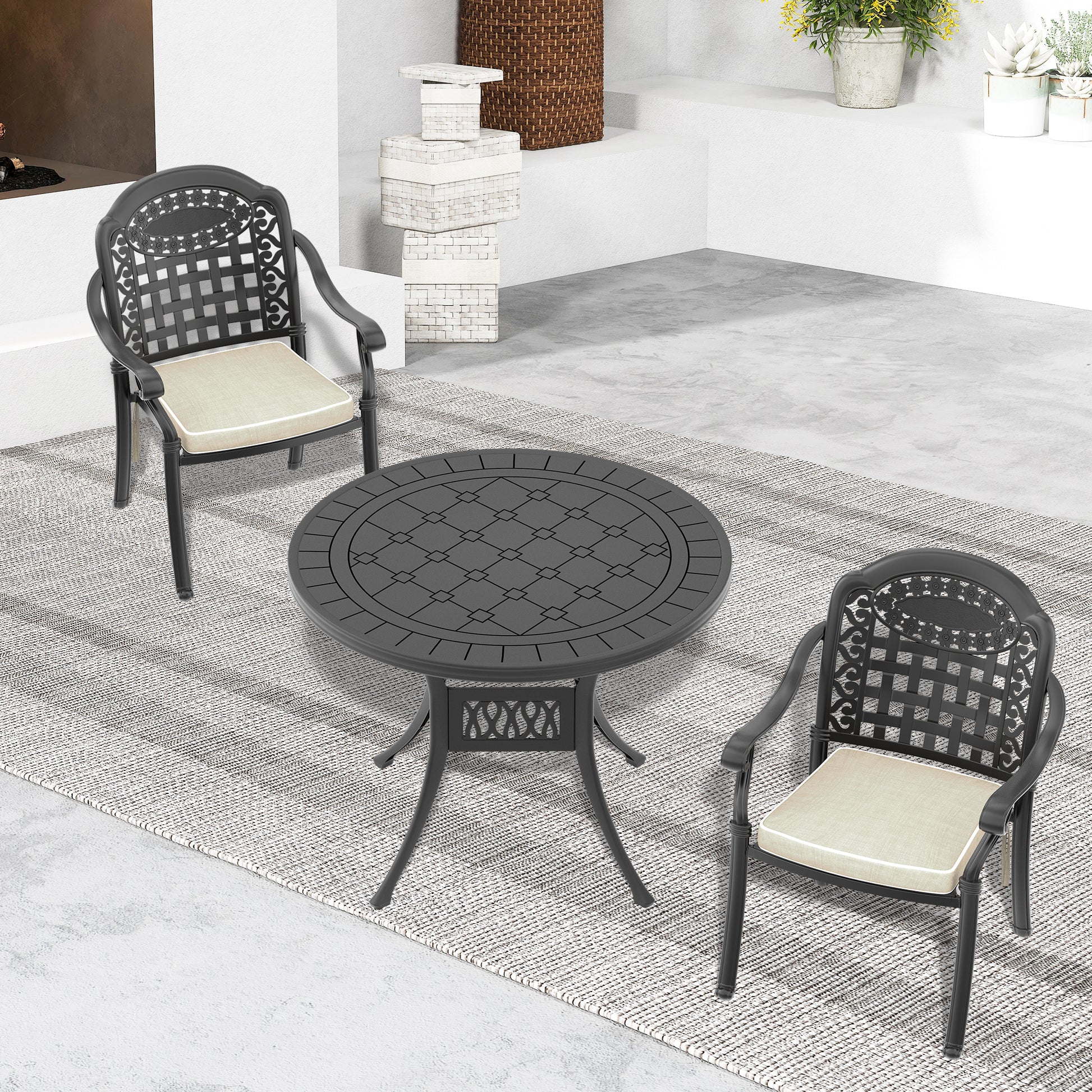 Cushions In Random Colors 3 Piece Set Of Cast Aluminum Patio Furniture With Cushions Yes Dining Set Black Seats 2 Rust Resistant Frame Water Resistant Cushion Garden & Outdoor Complete Patio Sets Aluminium