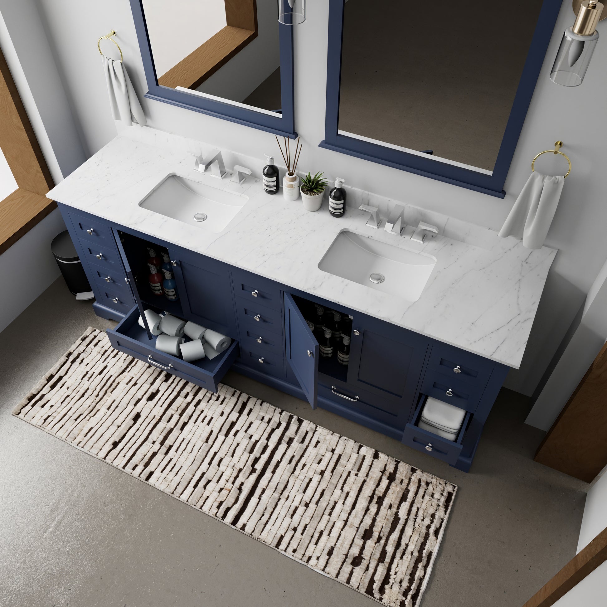 Navy Blue Double Bath Vanity 84 In. W X 22 In. D, With Carrara Marble Top Navy Blue Plywood Wood