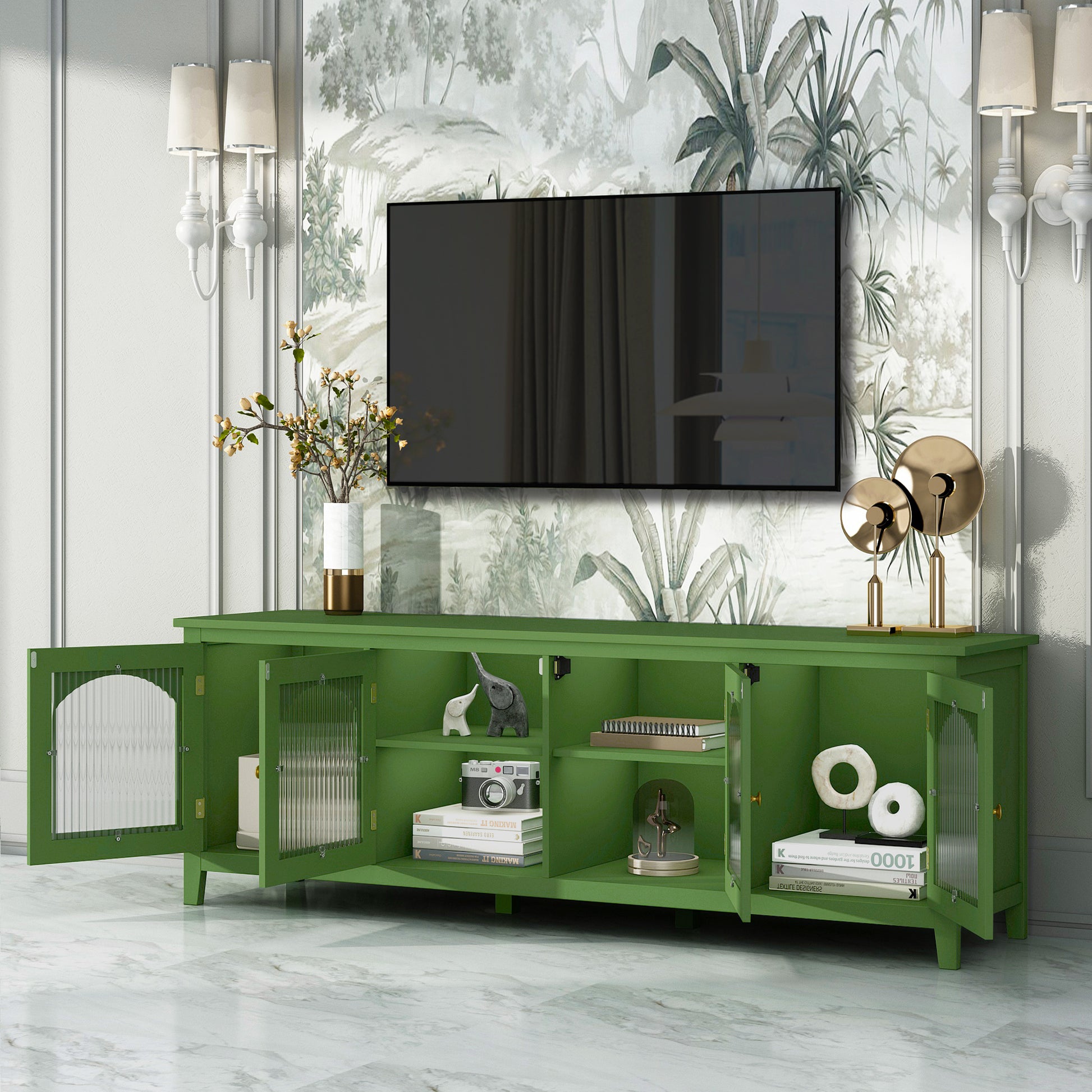 71 Inch Stylish Tv Cabinet,Entertainment Centertv Stand,Tvconsoletable, Media Console,Solidwood Frame,Changhong Glass Door,Metal Handle,Antique Green,For The Children'S Room,Bedroom Living Room Antique Green Primary Living Space 75 Inches 70 79 Inches