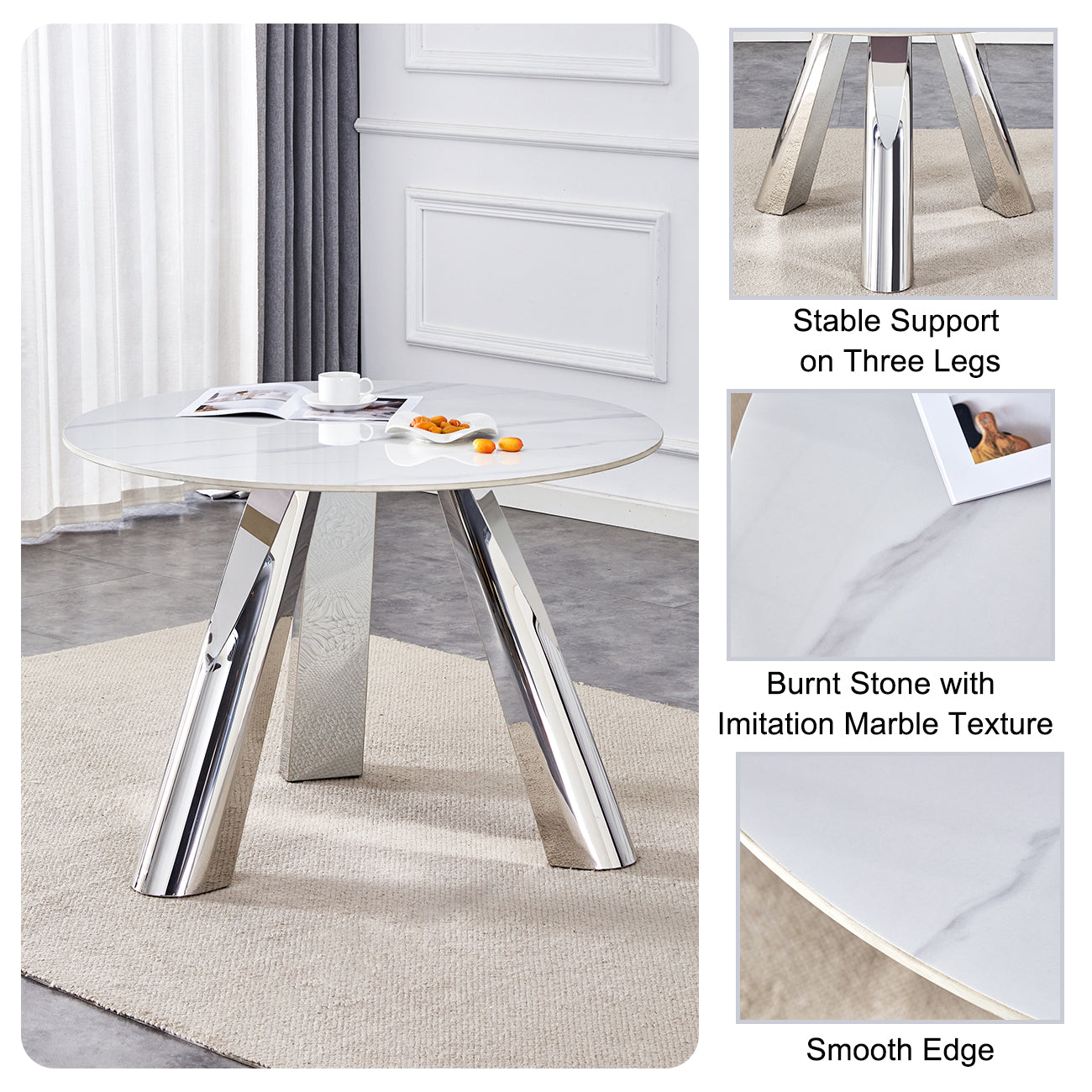 A 42 Inch Stainless Steel Leg Round Table With A Marble Top Is Suitable For Use By Four Or Six People Warm Grey,White Marble Metal,Sintered Stone