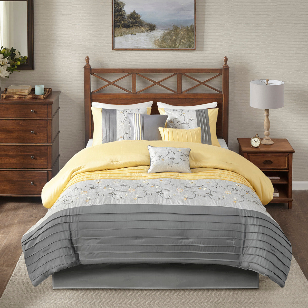 Embroidered 7 Piece Comforter Set Yellow Cal King California King Yellow Polyester
