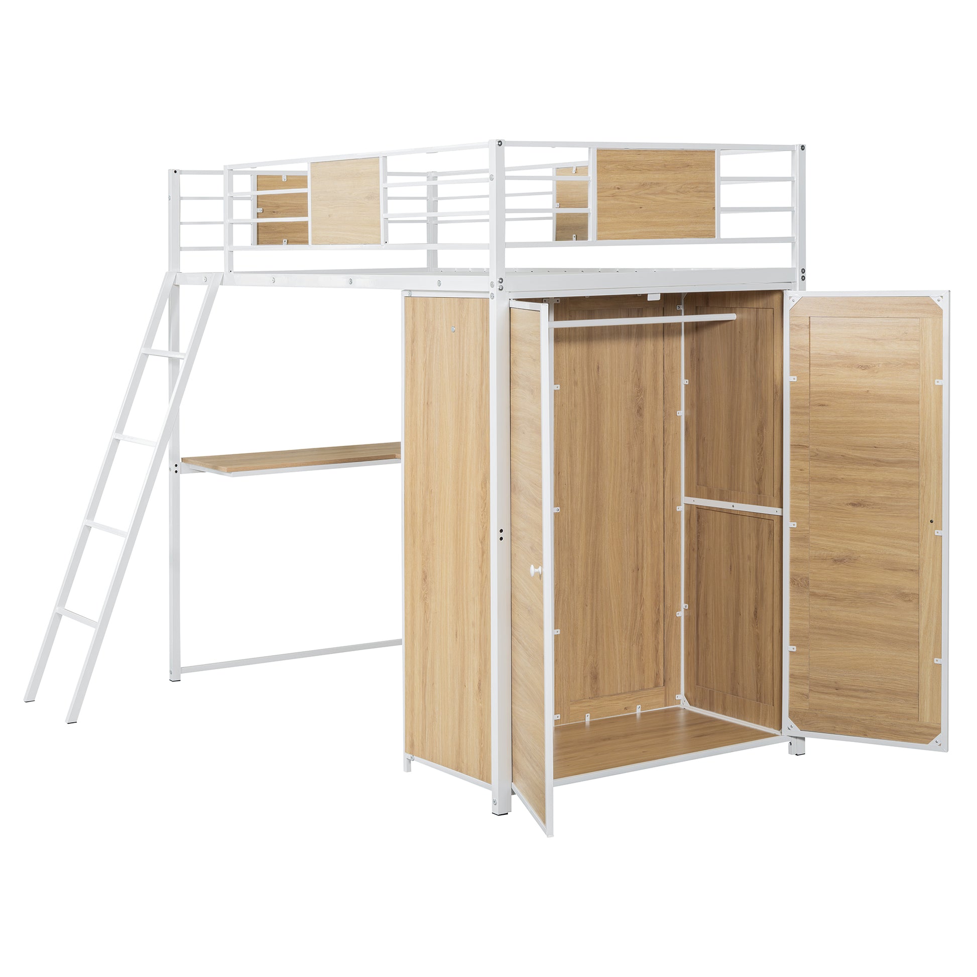 Twin Size Loft Bed With L Shape Desk And Wardrobe, White Twin White Metal & Wood