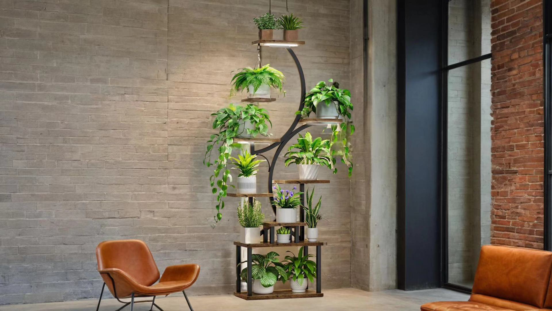 Plant Stand Indoor With Grow Lights, 8 Tiered Indoor Plant Shelf, 61" Tall Plant Stand For Indoor Plants Multiple, Metal Plant Flower Holder Stand, S Shaped Plant Rack For Home, Patio Black Black Dark Walnut Mdf Metal