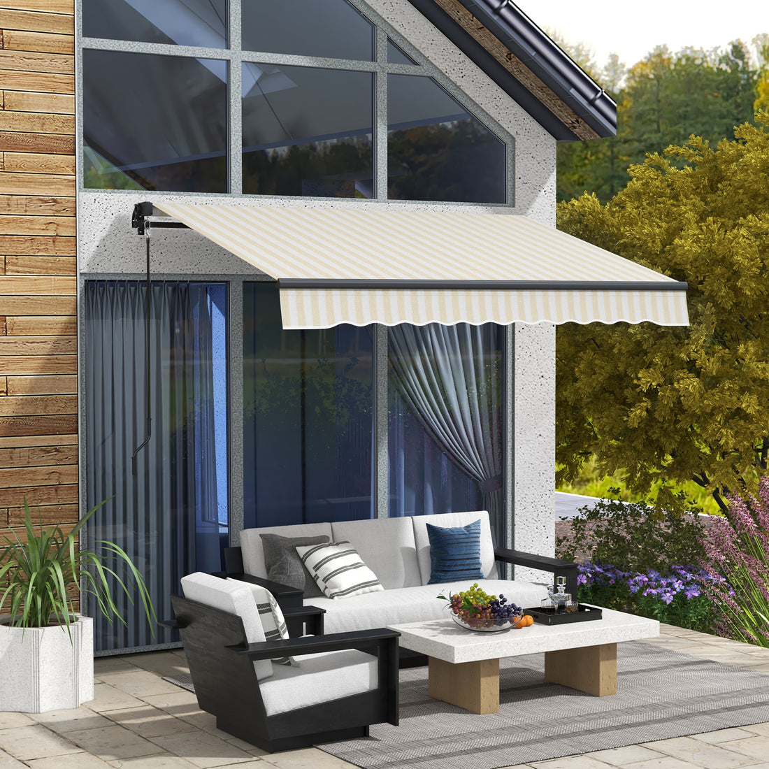 Outsunny 8' X 6.5' Retractable Awning, Patio Awning Sunshade Shelter With Manual Crank Handle, 280Gsm Uv Resistant Fabric And Aluminum Frame For Deck, Balcony, Yard, Beige And White Beige Polyester