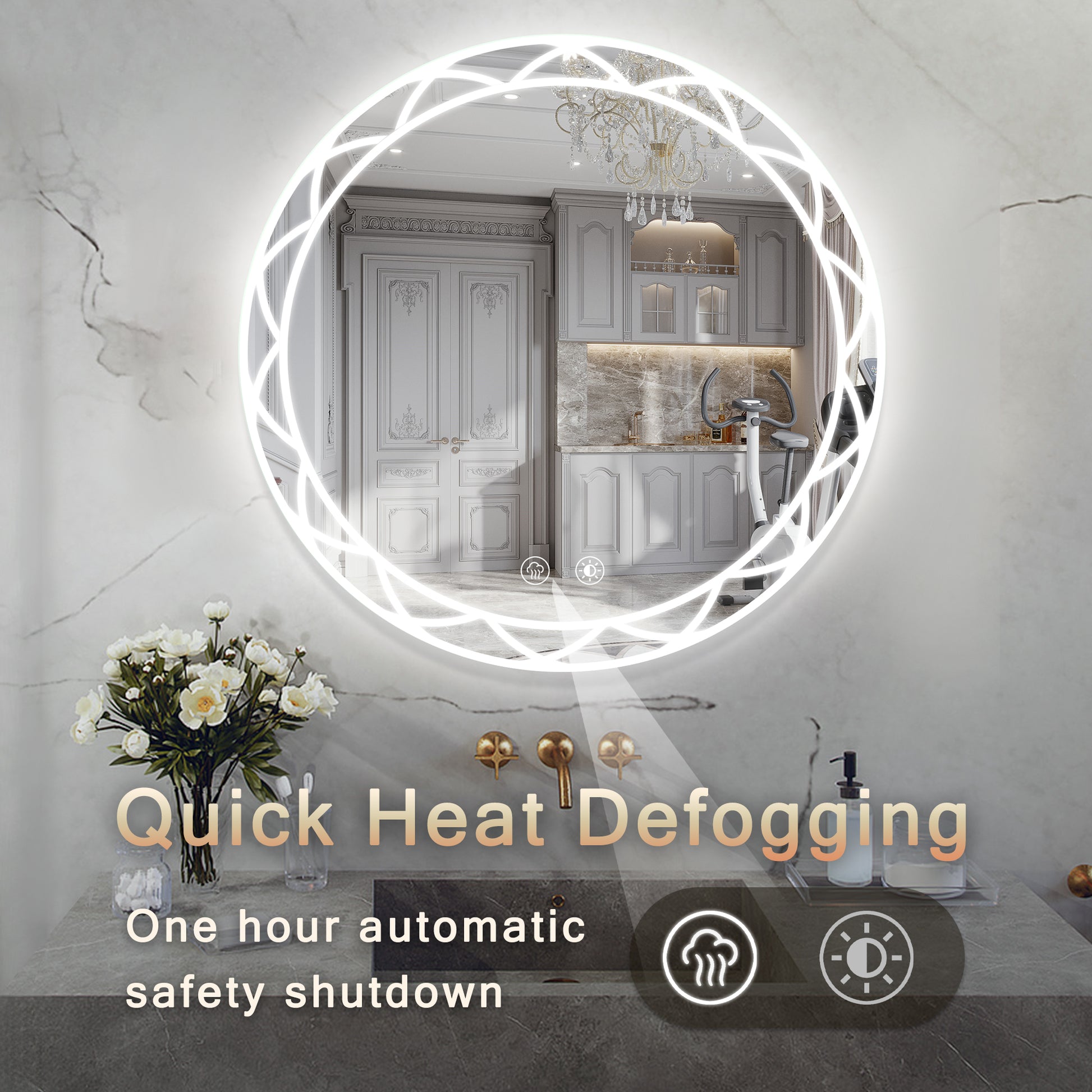 36" Round Led Bathroom Mirror Adjustable Color Temperatures And Anti Fog, Wall Mounted Design White Black Aluminium,Tempered Glass