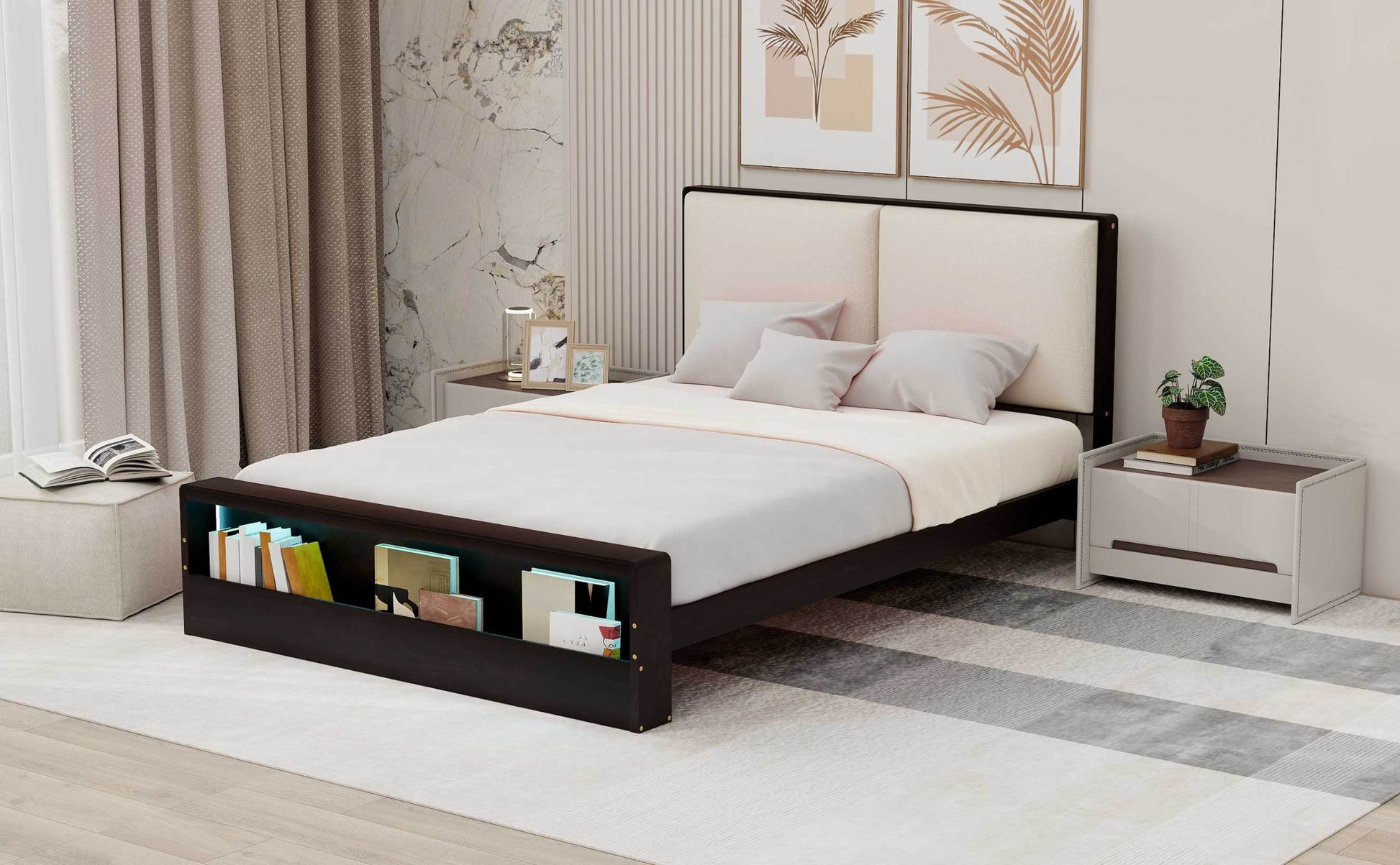 Queen Size Platform Bed Frame With Upholstery Headboard And Bookshelf In Footboard And Led Light Strips, Espresso Queen Espresso Solid Wood Mdf