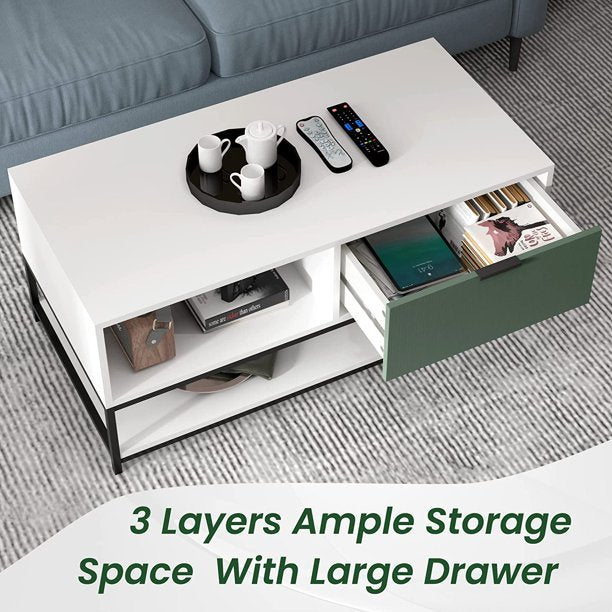 Watson 39" White And Green Wood Coffee Table Steel Frame With Shelves And Drawer White Metal & Wood
