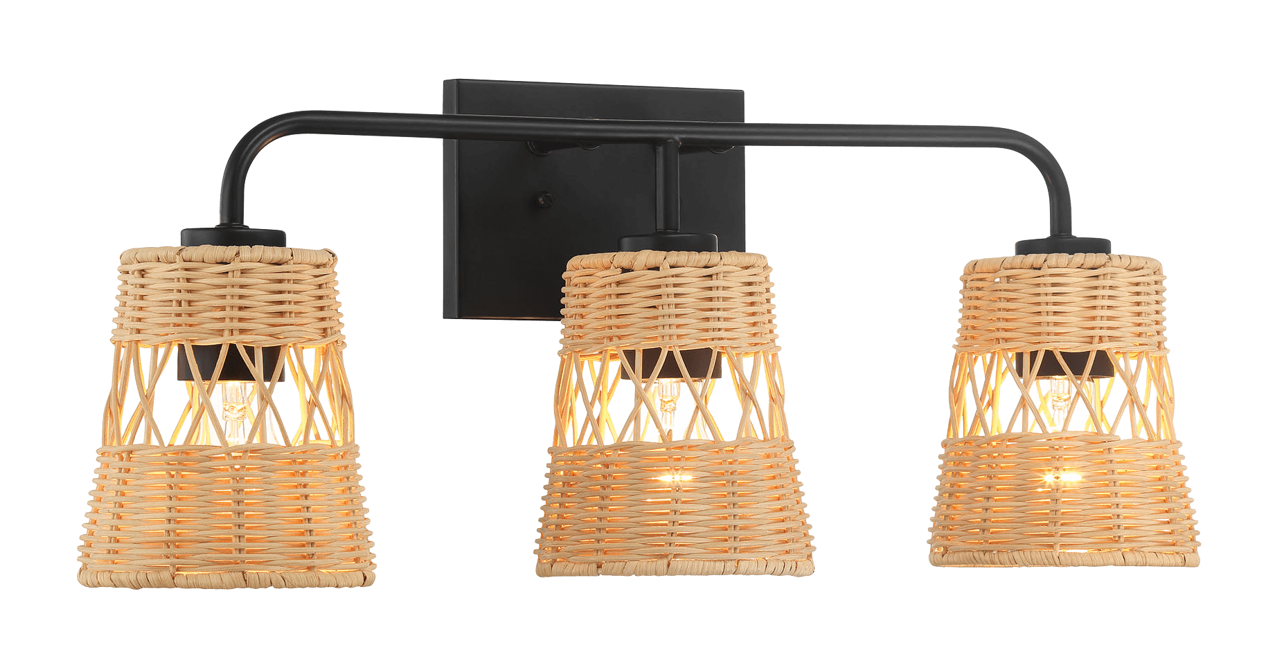 Moonlit Three Lights Wall Sconce With Rattan Shade, Bathroom Lighting Fixtures Over Mirror Black,Rattan Rattan Metal