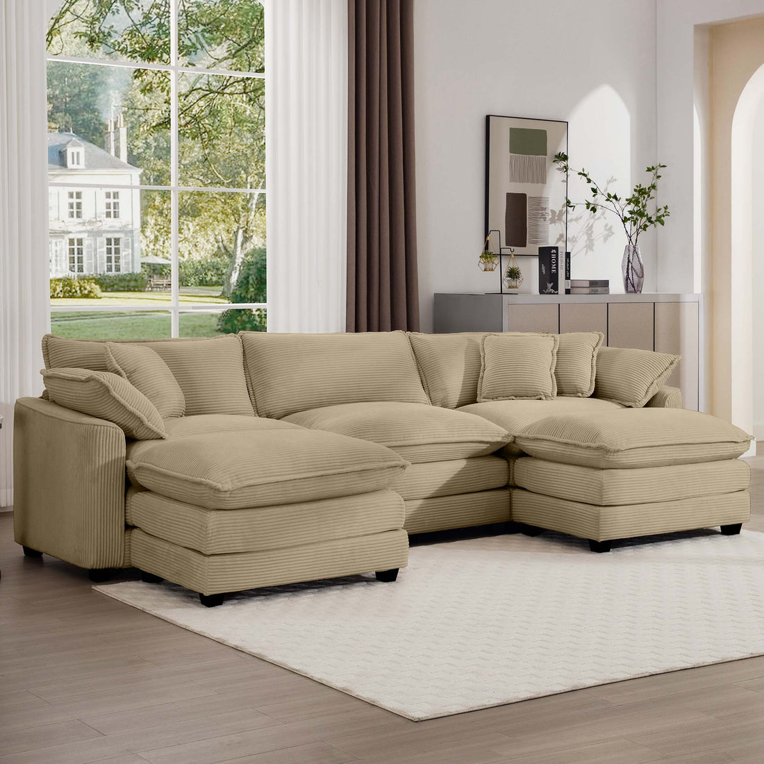 Oversized Modular Cushion Sofa, Portable Ottoman, L Shaped Corner Low Back Deep Seating Spacious Sofa Set And Sofa Bed For Home Apartment Living Room Set, Tan Corduroy Tan Corduroy 3 Seat
