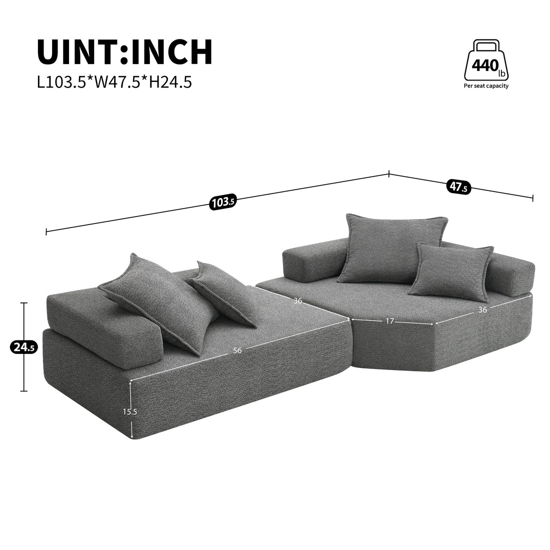 Oversized Modular Sectional Sofa,Luxury Boucle Floor Couch Set,Convertible Sleeper Couch,Spacious Foam Filled Sofa Bed For Living Room,2 Pc Free Combination,2 Colors Gray Boucle 4 Seat