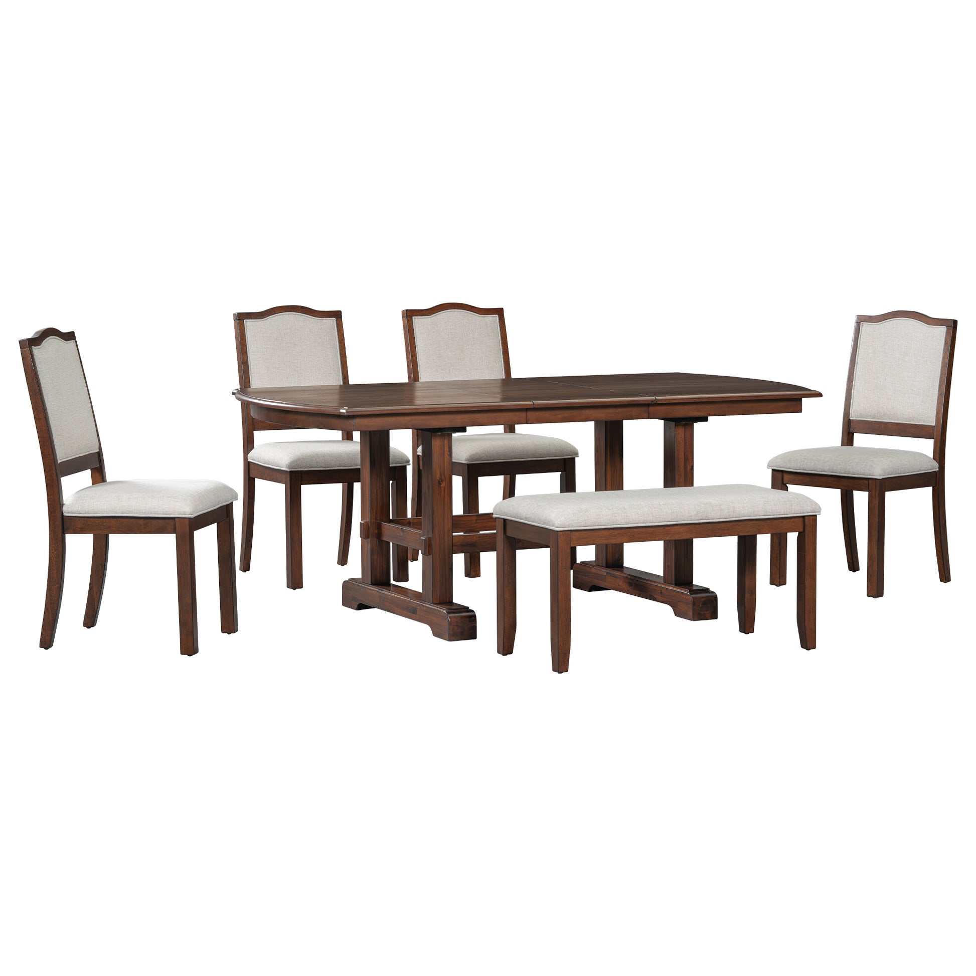 6 Piece Dining Table Set, 60Inch To 78Inch Extendable Wood Dining Table With Removable Leaf, Kitchen Table Set With 4 Upholstered Side Chair And Bench, Dining Table Set For 6 Cherry Wood Dining Room Extendable Rubberwood Rectangular Dining Table With