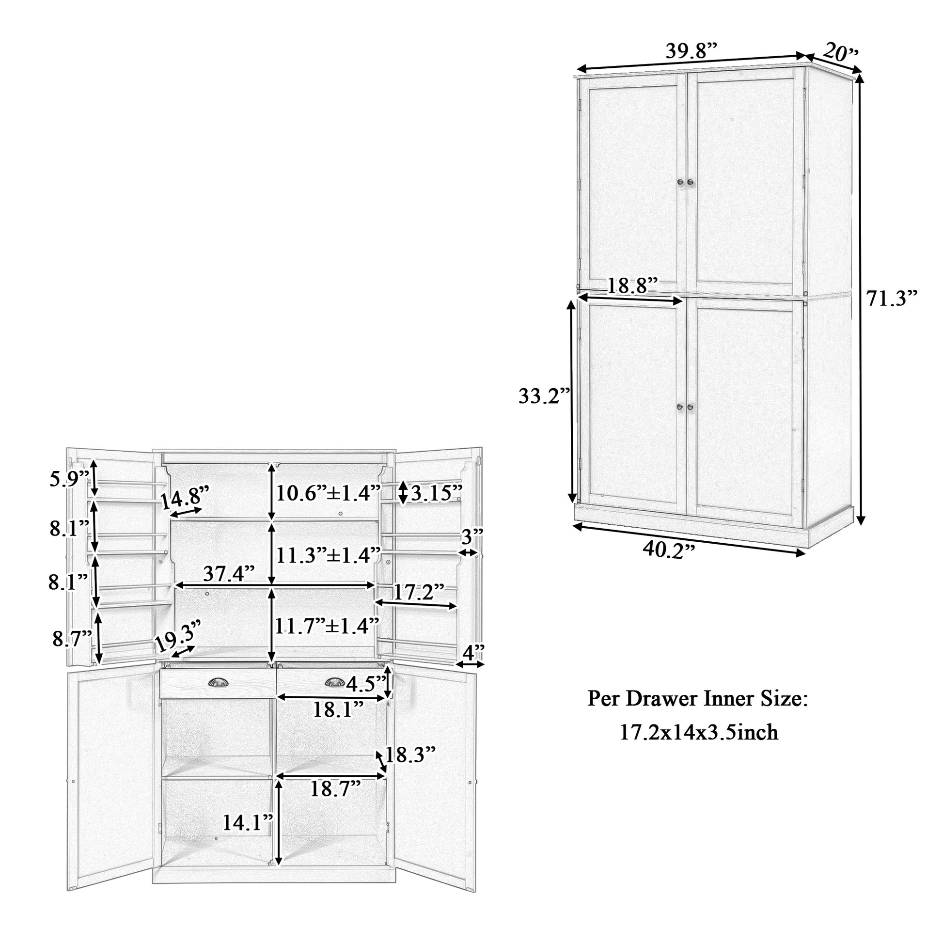 Assembly 40.2X20X71.3Inch High Freestanding Kitchen Pantry Large Cupboard Storage Cabinet With 2 Drawers, 2 Adjustable Shelves, 8 Door Shelves For Kitchen, Dining Room,Cream Cream Kitchen Farmhouse Adjustabel Shelves Mdf