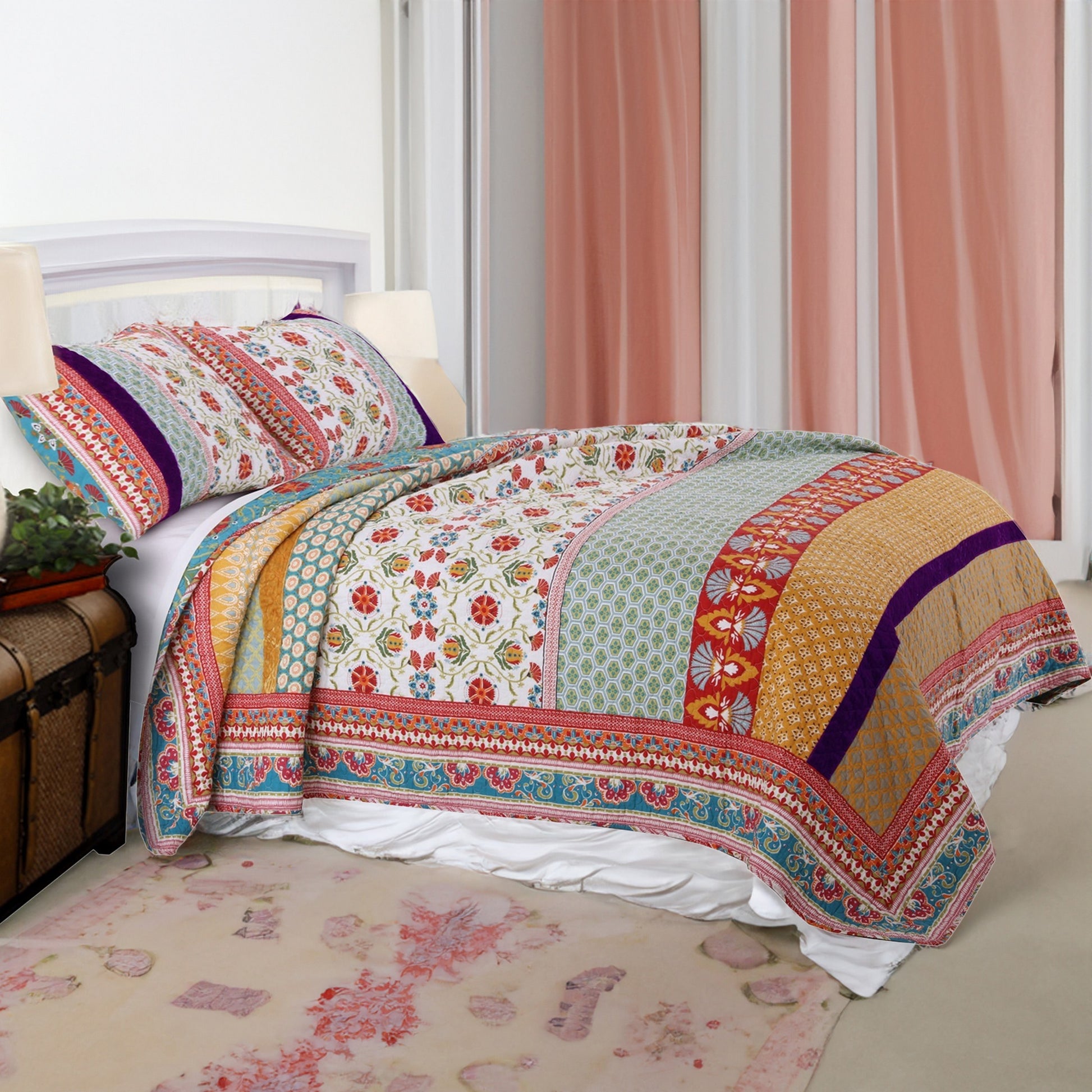 Geometric And Floral Print Full Size Quilt Set With 2 Shams, Multicolor Multicolor Polyester Blend