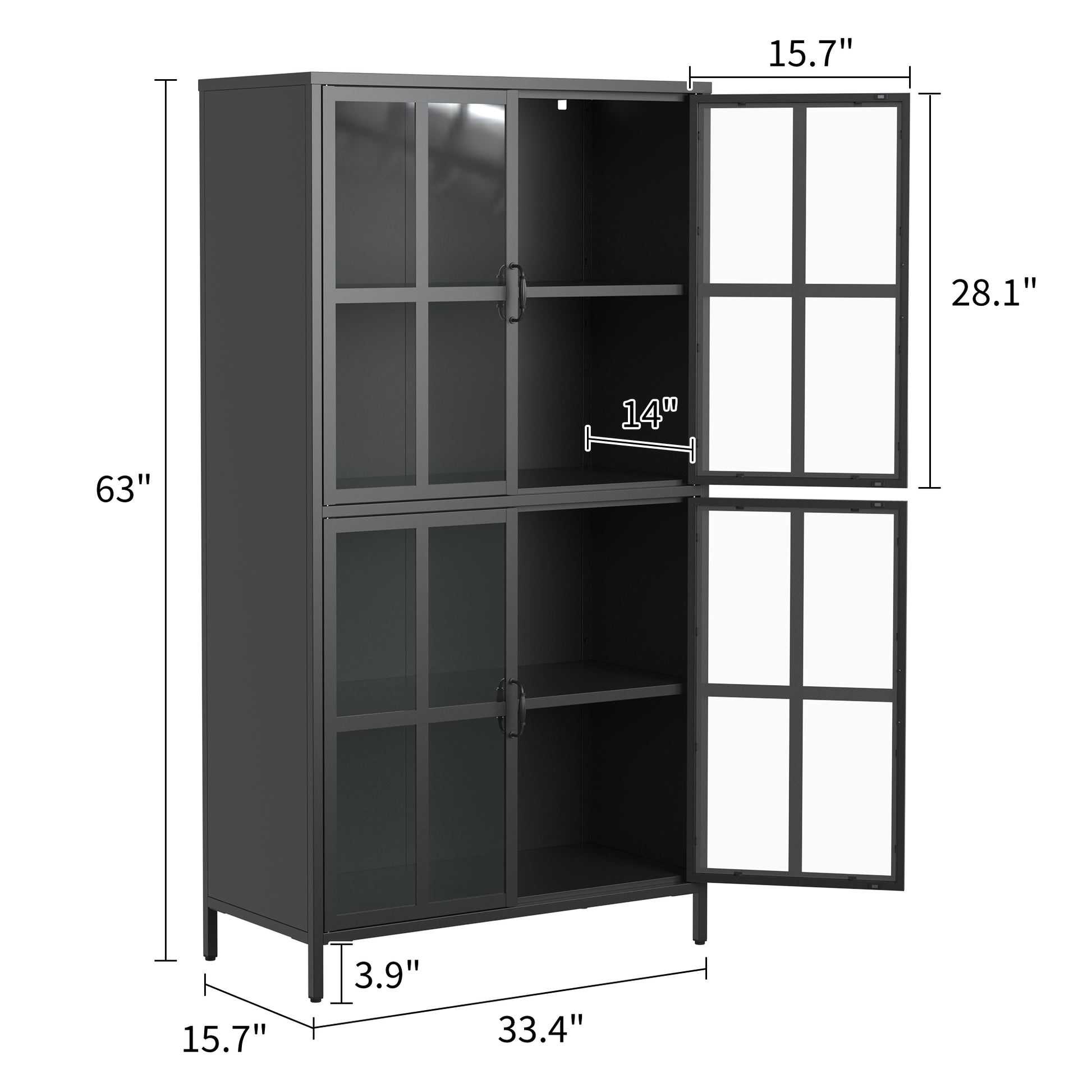 Premium Black Metal Storage Cabinet With Tempered Glass Doors, Adjustable Shelves, Anti Tipping Device, Magnetic Silent Closure, And Adjustable Feet For Home And Office Use Accent Chests 3 4 Spaces