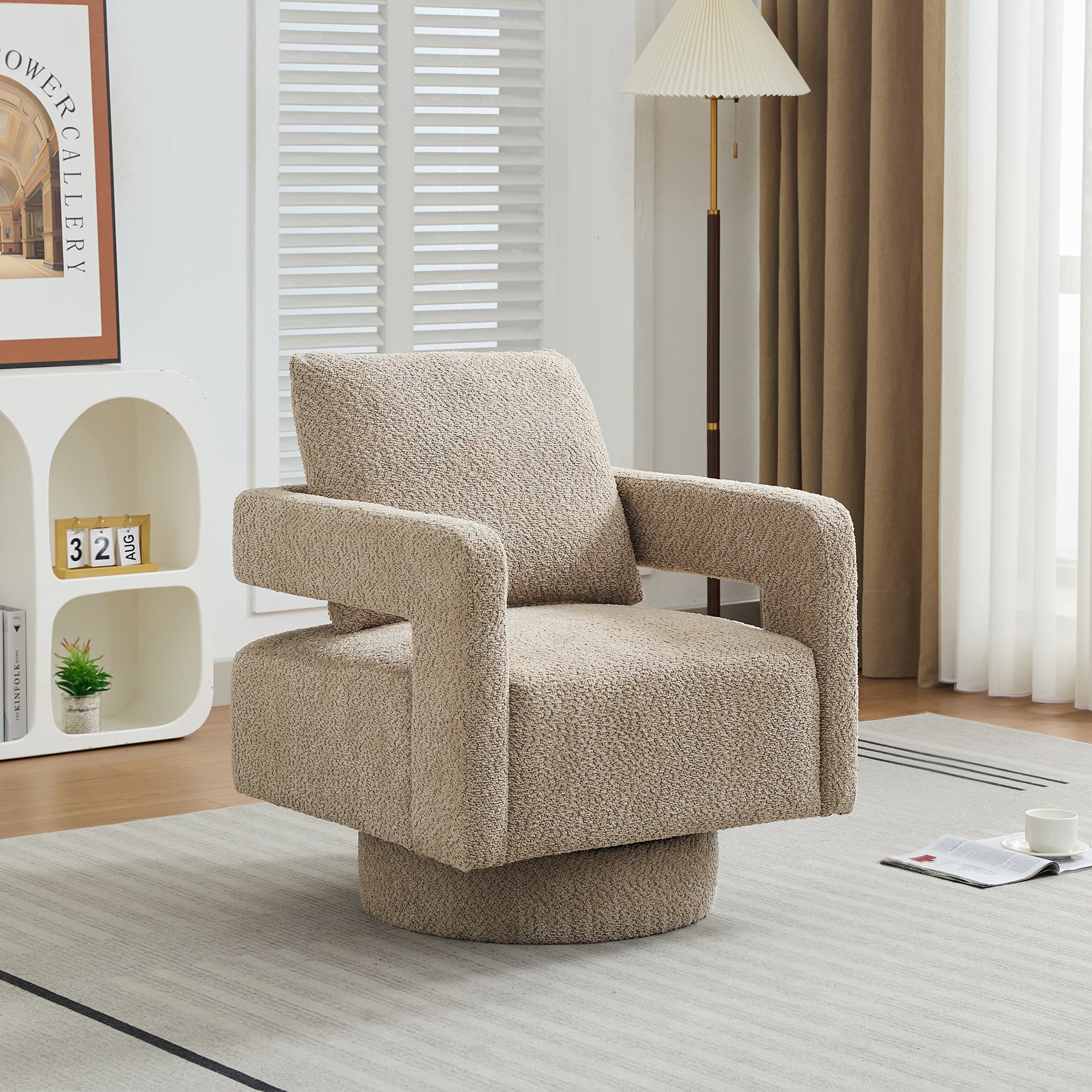 29.13" W Square Swivel Accent Chair, Modern Rotating Arm Chair With Open Back,360 Degree Rotation, Lounge Club Chair With Removable Back Cushion For Living Room, Hotel, Bed Room,Taupe Taupe Boucle