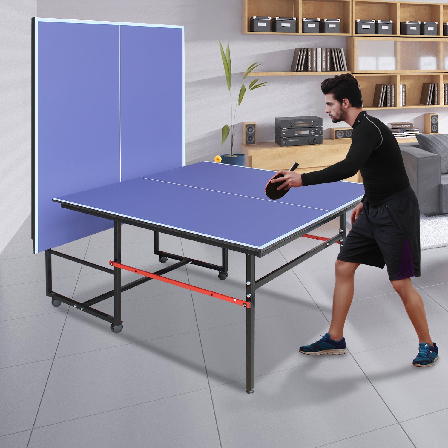 8Ft Mid Size Table Tennis Table Foldable & Portable Ping Pong Table Set For Indoor & Outdoor Games With Net, 2 Table Tennis Paddles And 3 Balls Blue Mdf