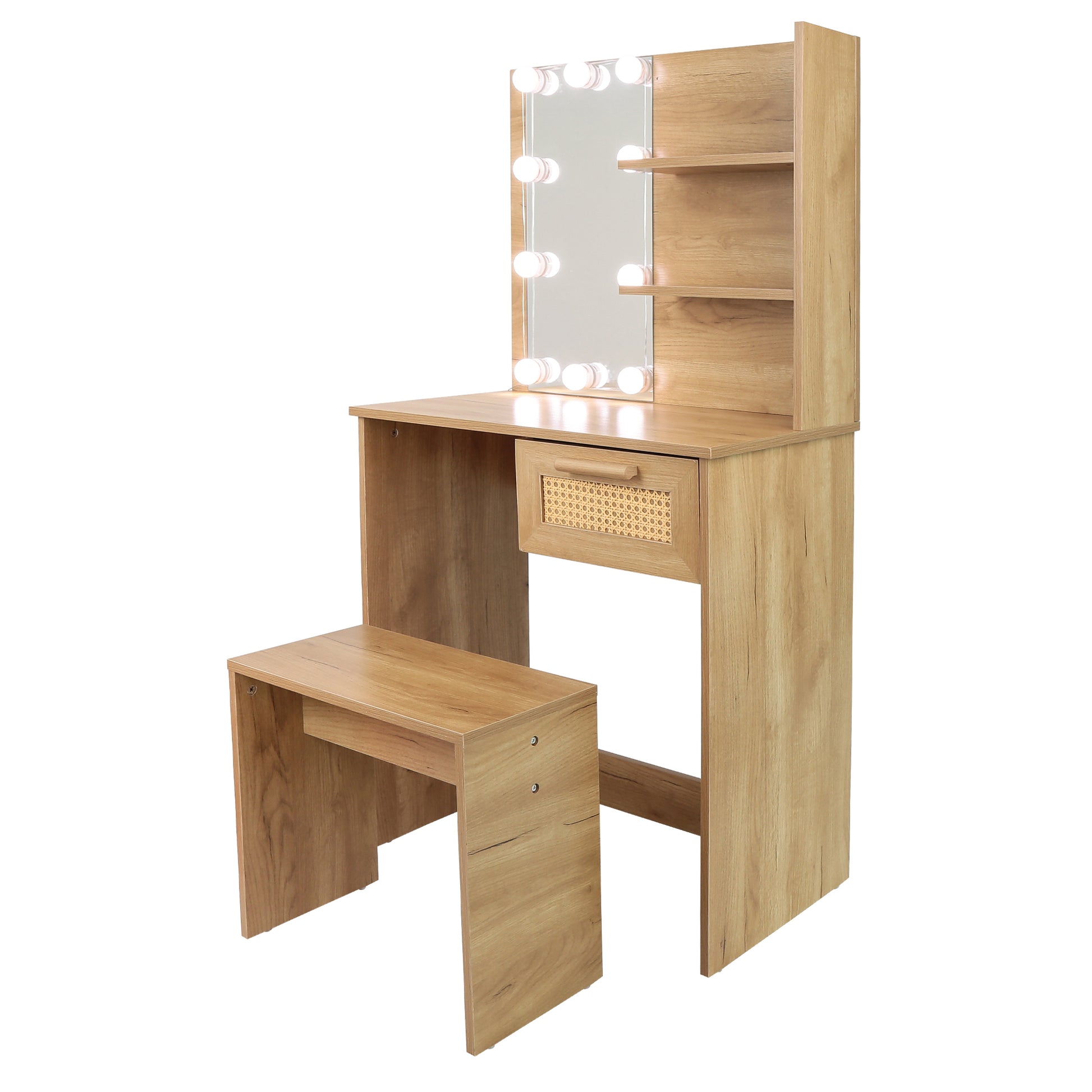 Vanity Desk Set Stool & Dressing Table With Led Lighting Mirror Drawer And Compartments Modern Wood Cosmetic Table Chest Of Drawers Nature Color Natural Wood Particle Board