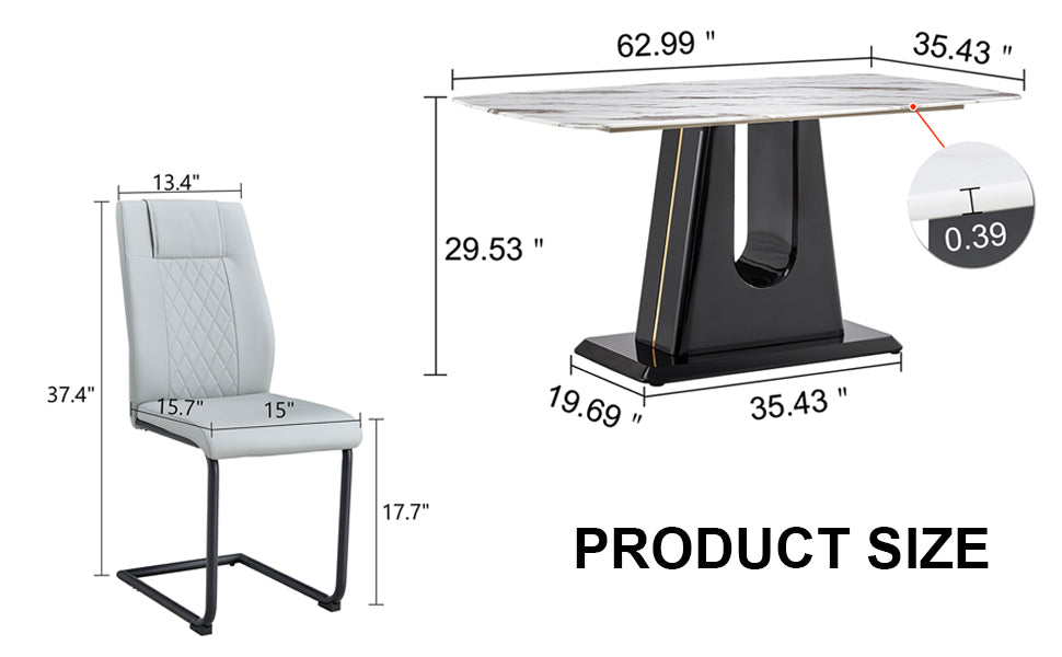 Table And Chair Set, Modern And Minimalist Dining Table, Imitation Marble Patterned Tabletop, Mdf Legs With U Shaped Brackets. Paired With Comfortable Chairs, Suitable For Dining And Living Rooms. Black Mdf Glass