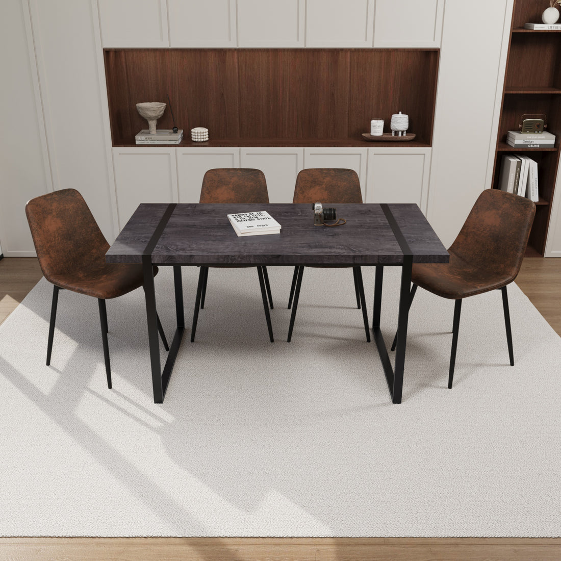 Mdf Black Wooden Dining Table And Modern Dining Chair 4 Piece Set, Medieval Wooden Kitchen Dining Table Set, Rectangular Metal Base, Dining Table And Suede Chair Black Brown Mdf