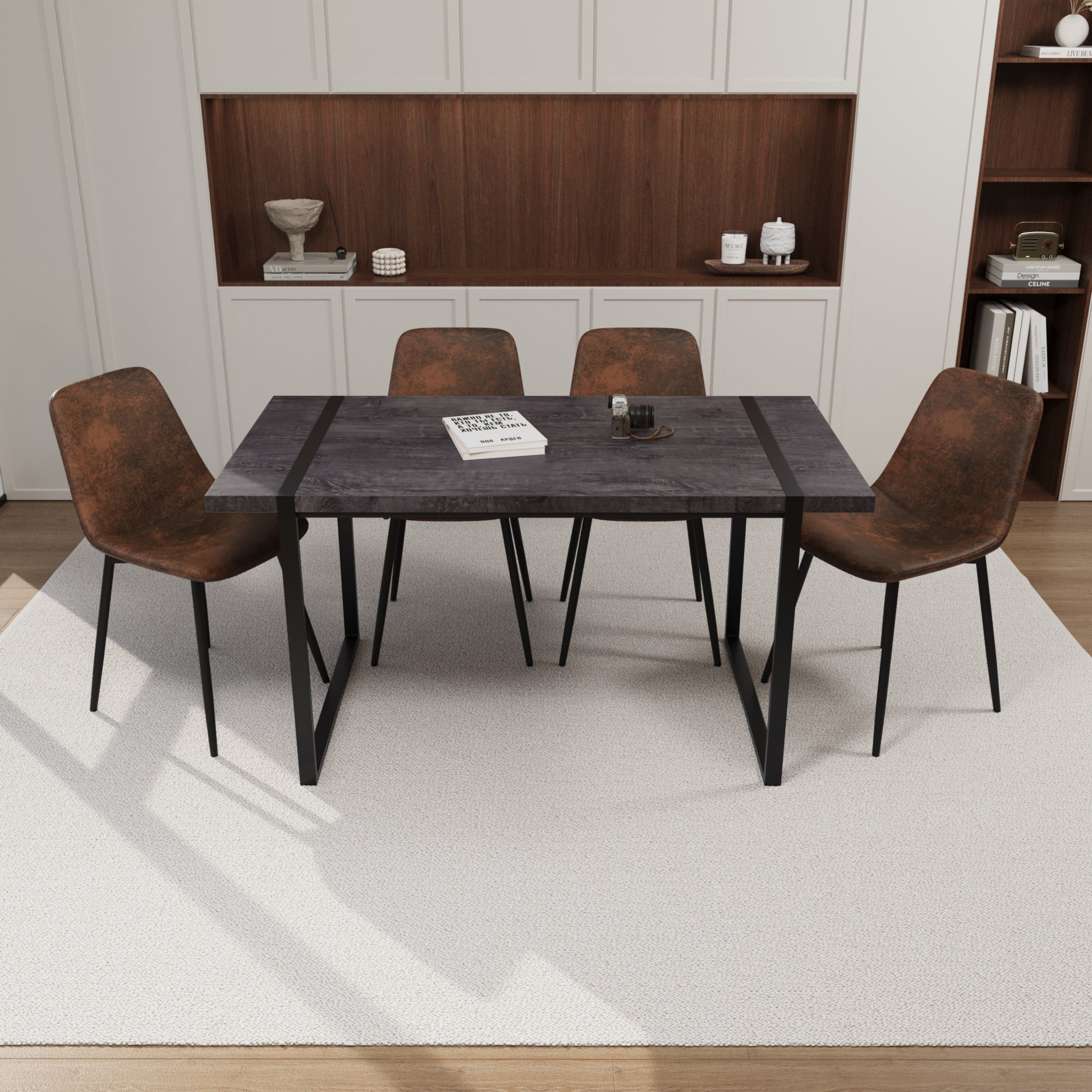 Mdf Black Wooden Dining Table And Modern Dining Chair 4 Piece Set, Medieval Wooden Kitchen Dining Table Set, Rectangular Metal Base, Dining Table And Suede Chair Black Brown Mdf