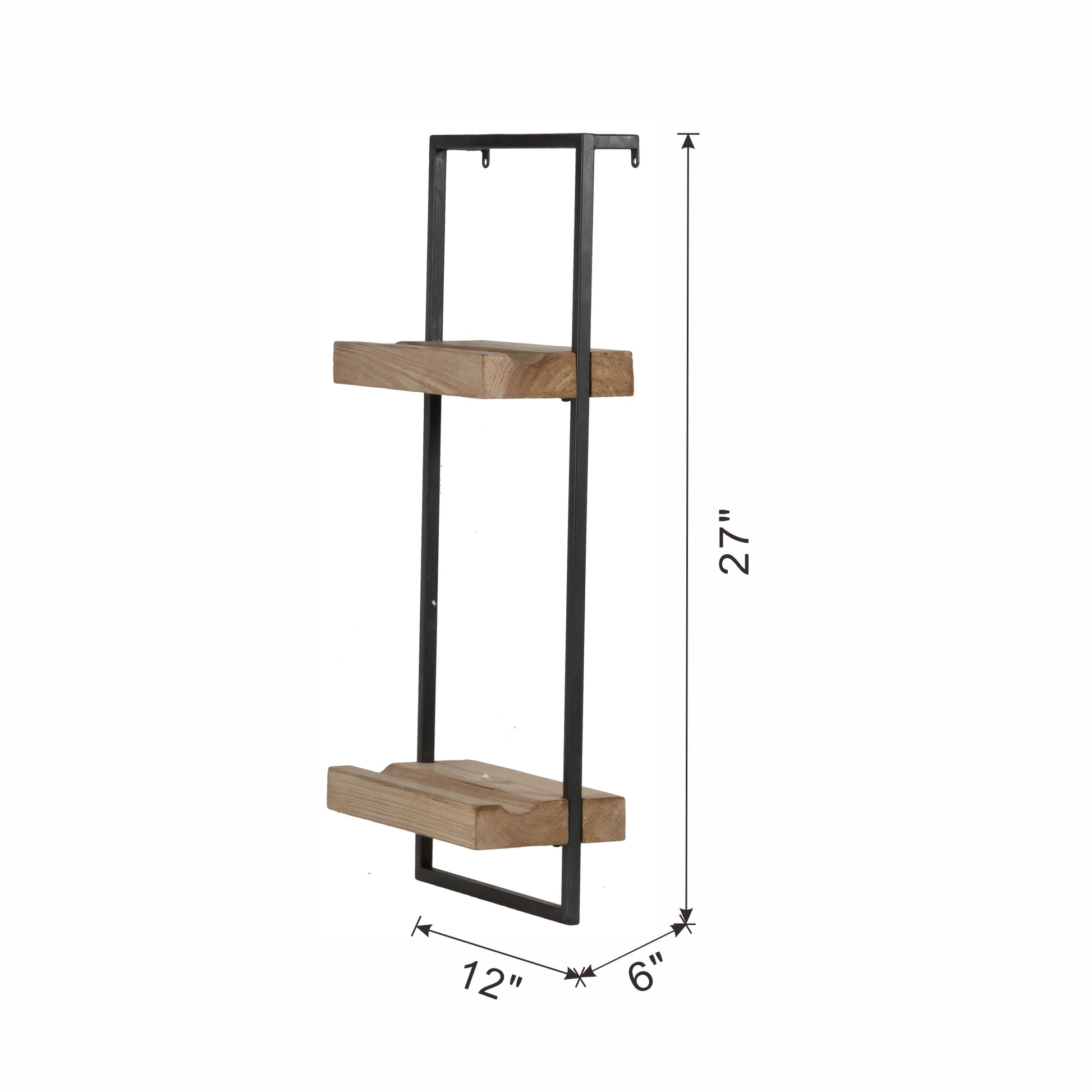 12X6X27" Iron And Wood Wall Shelf With Two Shelves Black Brown Iron