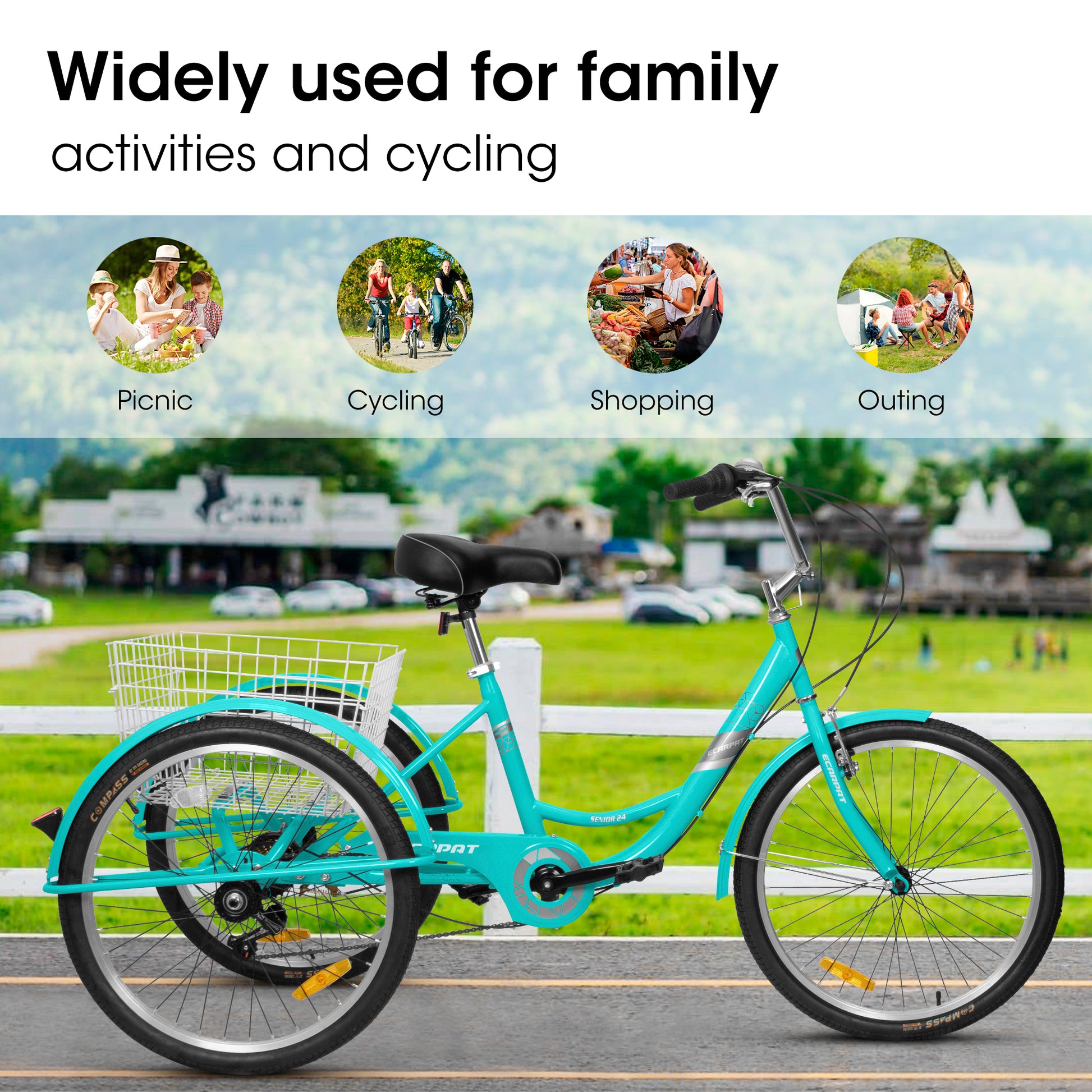 Adult Tricycles 7 Speed, Adult Trikes 24 Inch 3 Wheel Bikes, Three Wheeled Bicycles Cruise Trike With Shopping Basket For Seniors, Women, Men Blue Carbon Steel