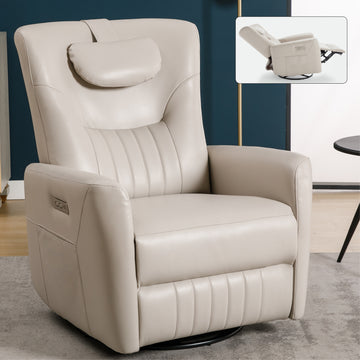 Beige Grey Leatheraire Swivel And Rocker Power Recliner Chair With Lumbar And Neck Support Pillow, Heavy Duty Motion Mechanism With Usb And Type C Ports Beige Polyester Power Push Button Metal Primary Living Space Medium Firm Tight Back Heavy Duty