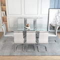 Table And Chair Set.Modern Luxurious Transparent Tempered Glass Dining Table Set.Paried With 8 Light Gray Chairs With Pu Cushion And Silver C Tube Metal Legs. Light Gray,Transparent Seats 8 Glass