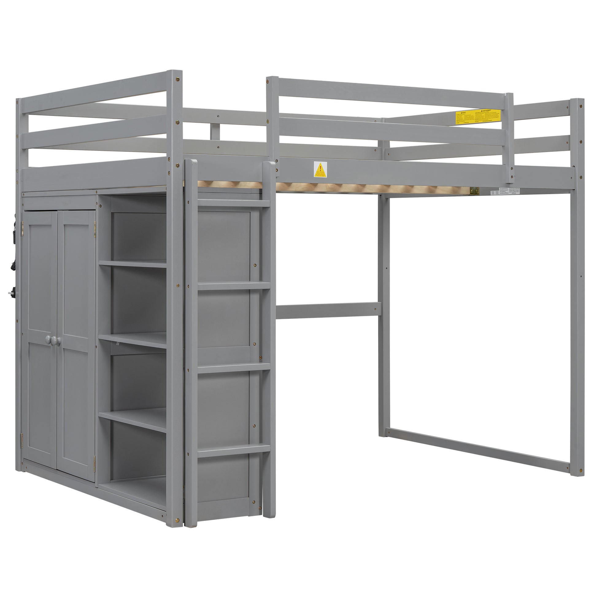 Wood Full Size Loft Bed With Built In Wardrobe And Storage Shelves, Led Light, Gray Box Spring Not Required Full Gray Wood Bedroom Bed Frame Solid Wood Mdf