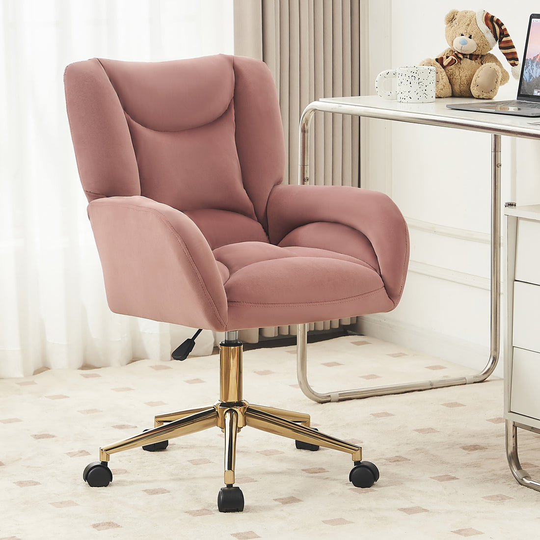 005 Velvet Fabric 360 Swivel Home Office Chair With Gold Metal Base And Universal Wheels,Pink Solid Pink Office Sponge Wipe Clean Modern Office Chairs Tufted Back Foam Swivel Velvet