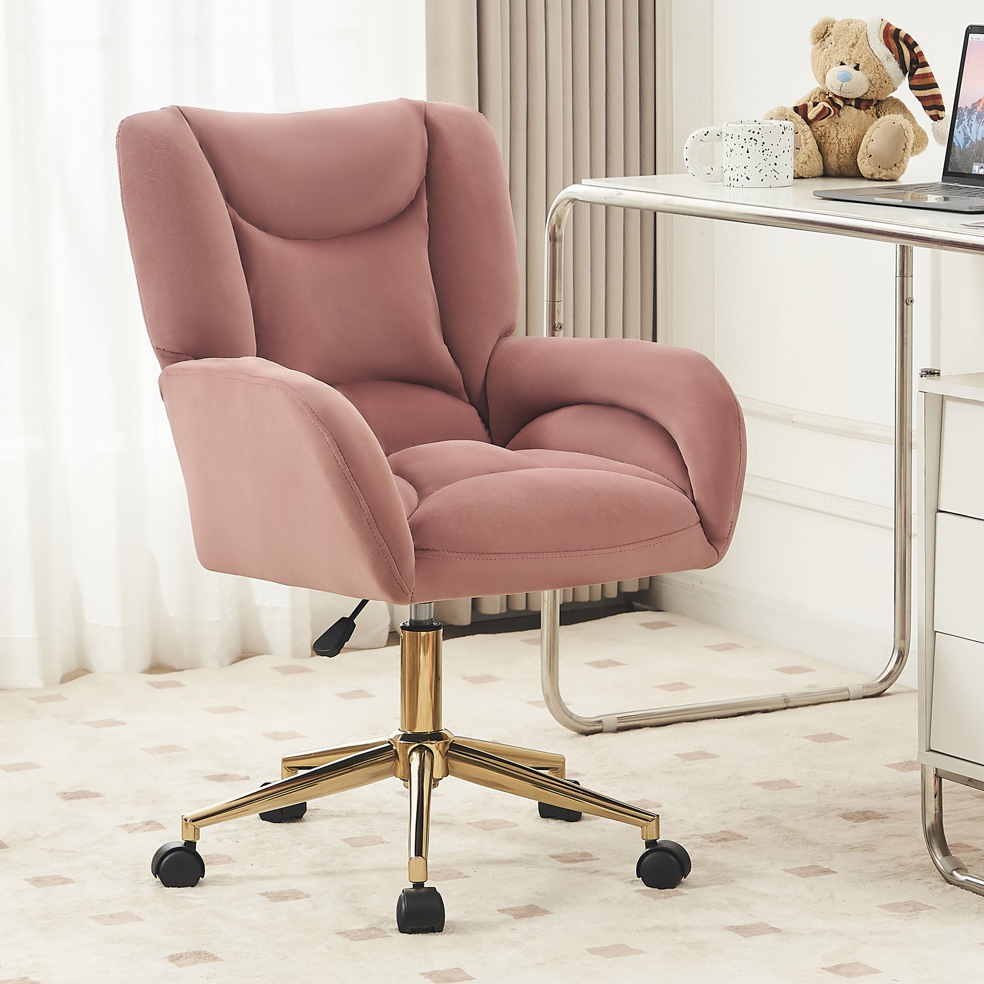 005 Velvet Fabric 360 Swivel Home Office Chair With Gold Metal Base And Universal Wheels,Pink Solid Pink Office Sponge Wipe Clean Modern Office Chairs Tufted Back Foam Swivel Velvet