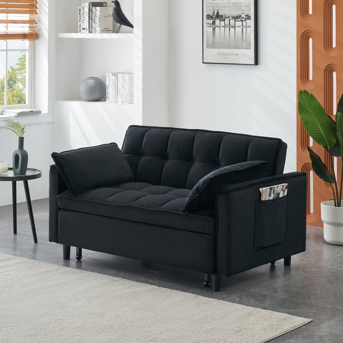 Modern Velvet Sofa, Sofa Pull Out Bed, Smallseat Casual Sofa With Back, With Pillow, Pockets, Living Room Furniture, 3 In 1 Convertible Sleep Sofa Bed. Black Velvet 3 Seat