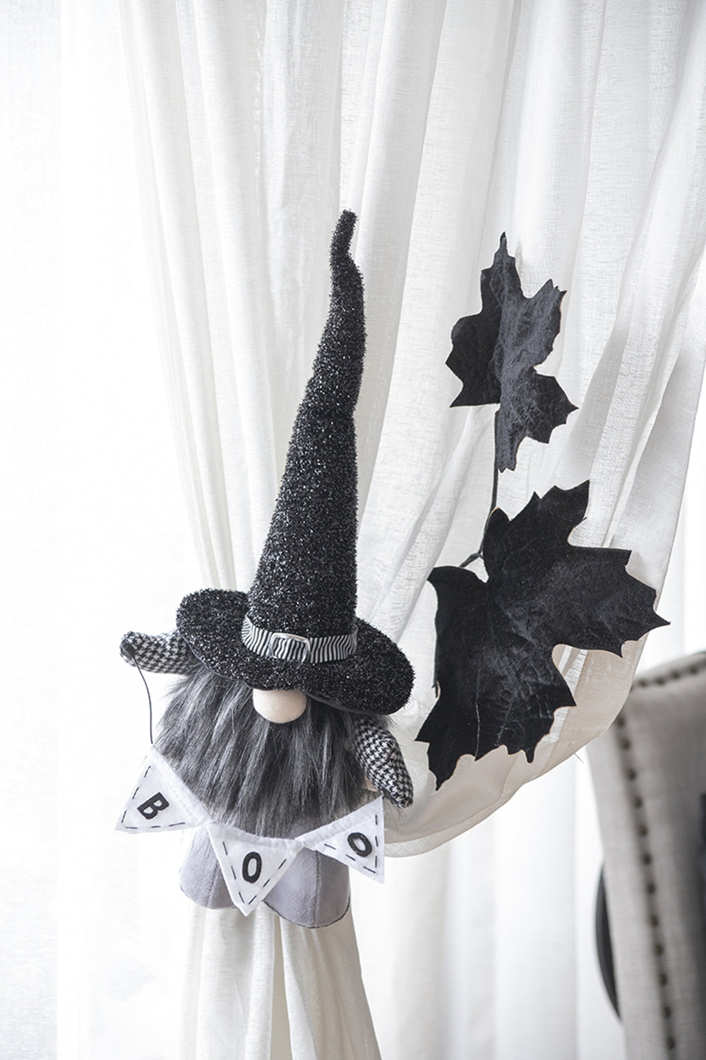 6X4X20" Fabric Black Gnome With 'Boo' Banner, For Halloween Decor Black White Polyester