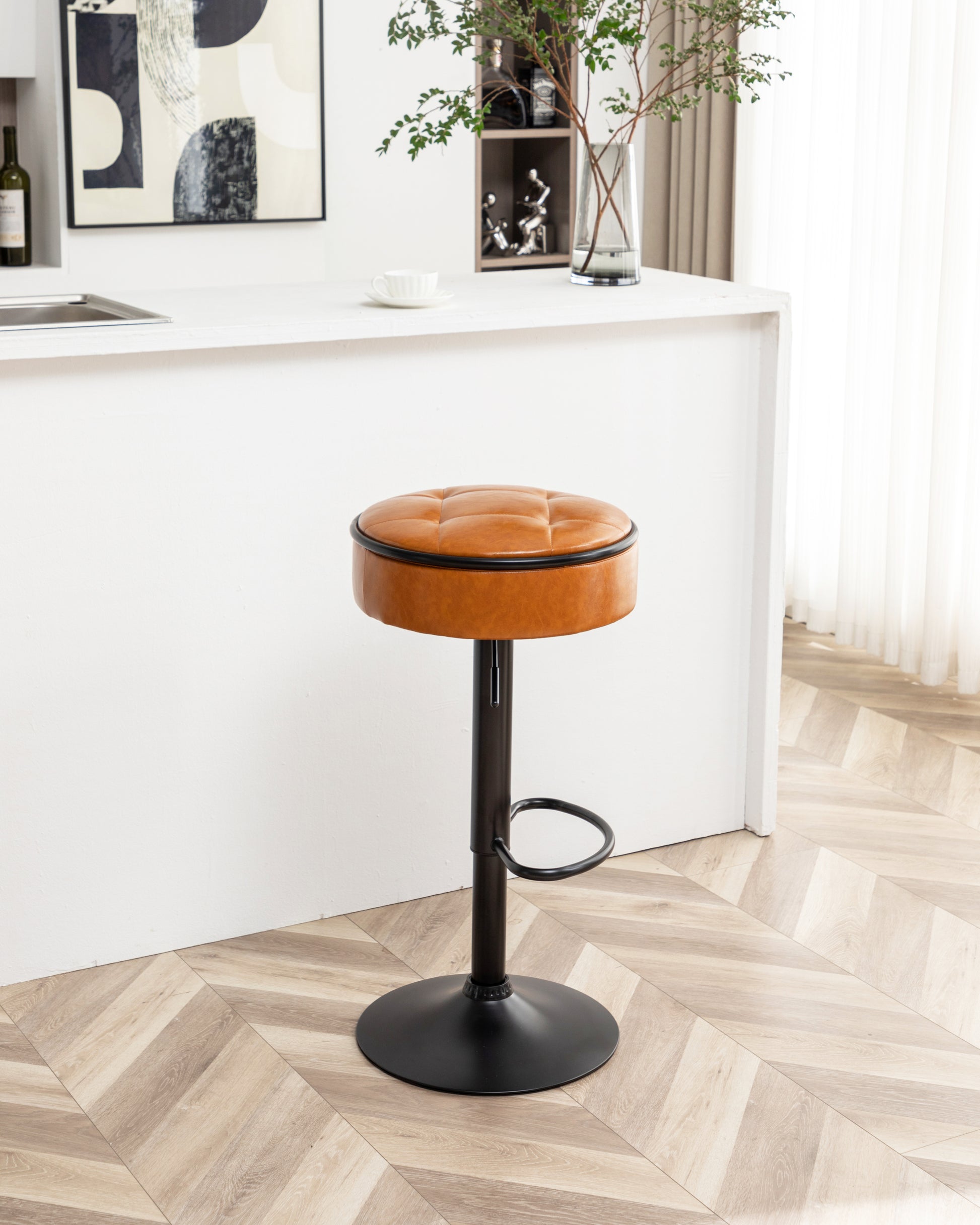 Round Storage Bar Stool Set Of 2, Brown Faux Leather Height Adjustable Barstool, 360 Counter Height Swivel Stool, Armless Bar Chair With Metal Frame For Kitchen Counter Dining Living Room Brown Set Of 2 Foam Pu Leather
