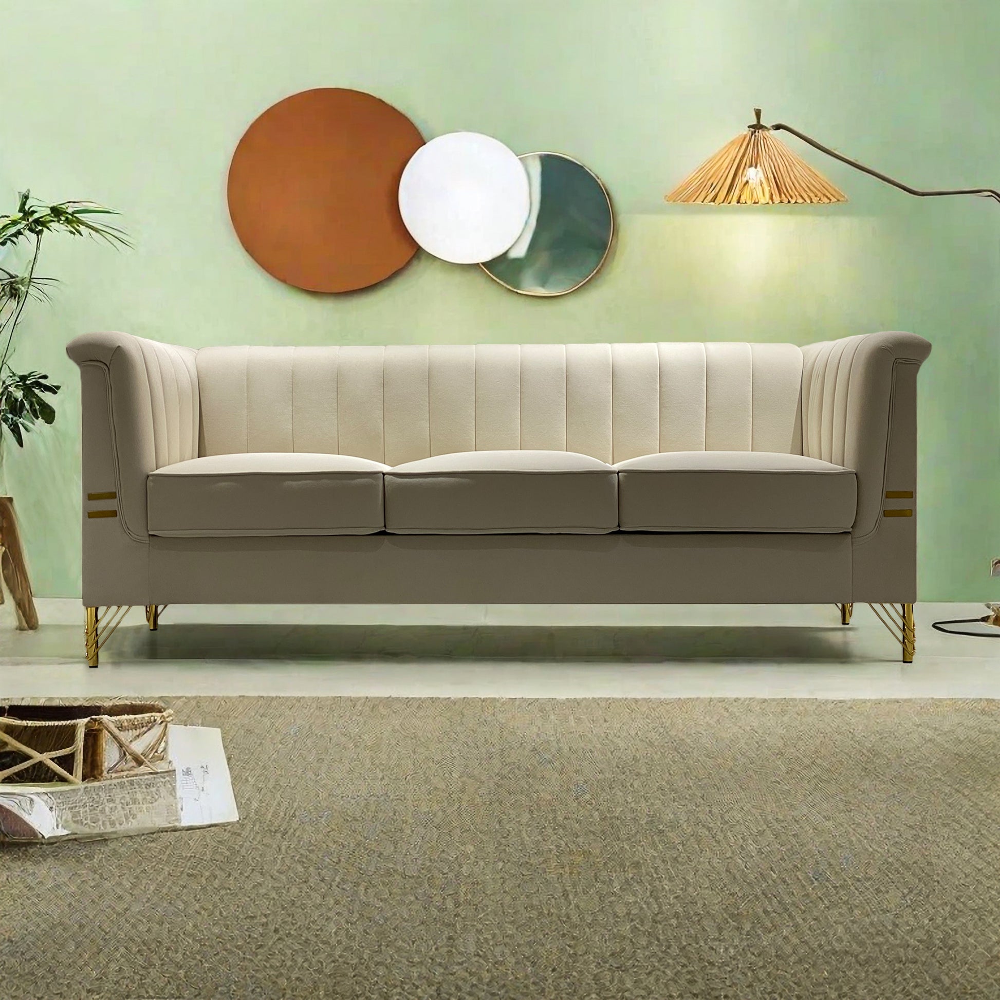 Fx P82 Be Sofa Modern Chenille Sofa, 82.67" Upholstered Couch With Bolster Armrest, 3 Seat Sofa For Living Room, Bedroom, Office, Apartment, Dorm, Beige Beige Velvet 3 Seat