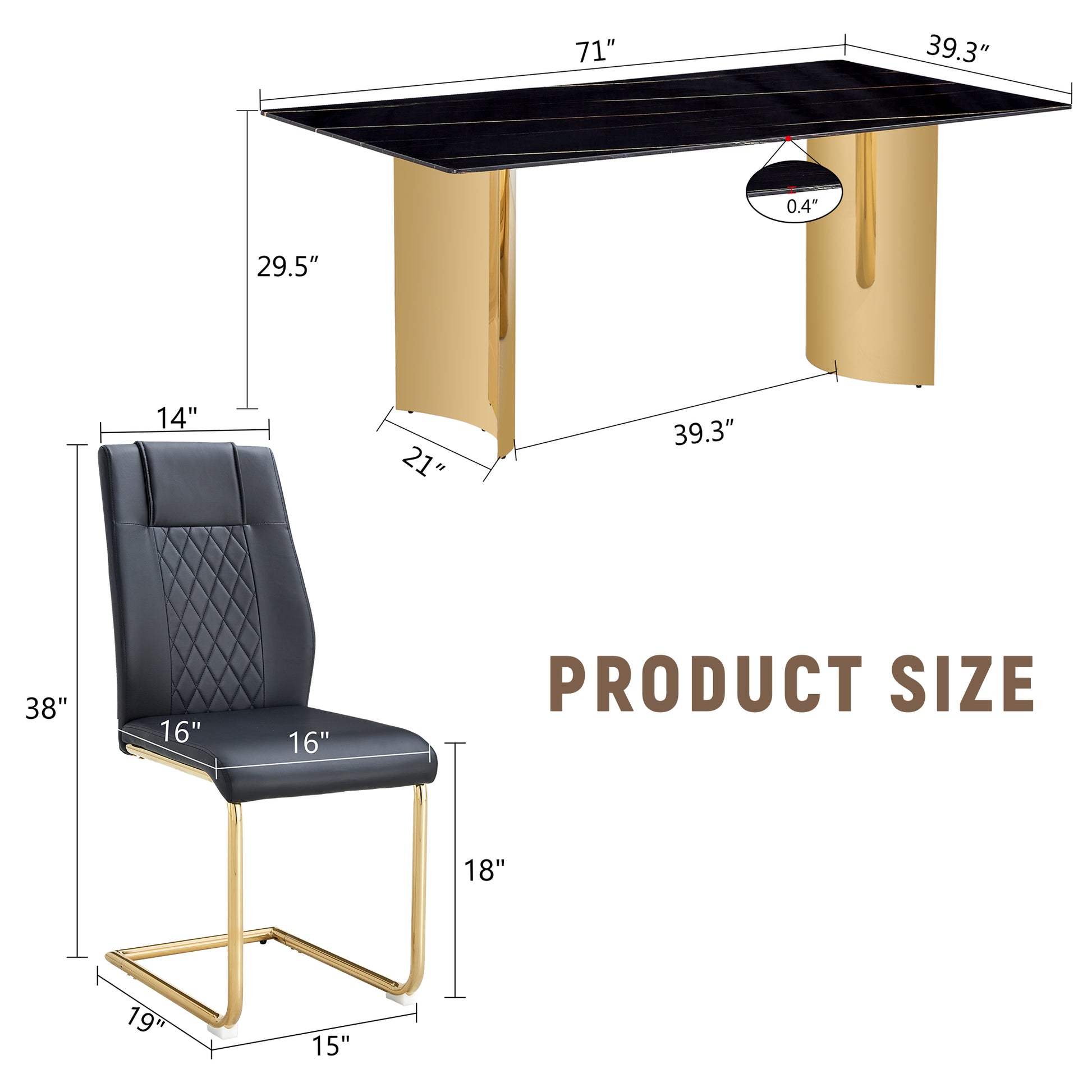 Table And Chair Set.The Table Has A Glass Tabletop With Imitation Marble Pattern Stickers And Stainless Steel Golden Table Legs. Paried With Comfortable Chairs With Pu Seats And Metal Legs. Gold Black Seats 6 Glass Metal