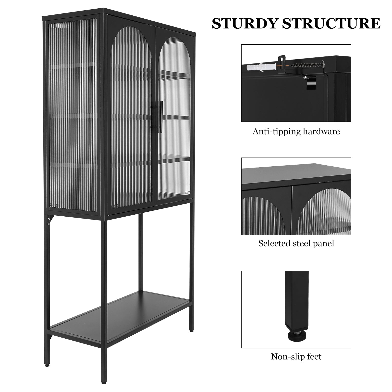 Elegant Floor Cabinet With 2 Glass Arched Doors Living Room Display Cabinet With Adjustable Shelves Anti Tip Dust Free Easy Assembly Black Black Tempered Glass Sheet Metal Plastic