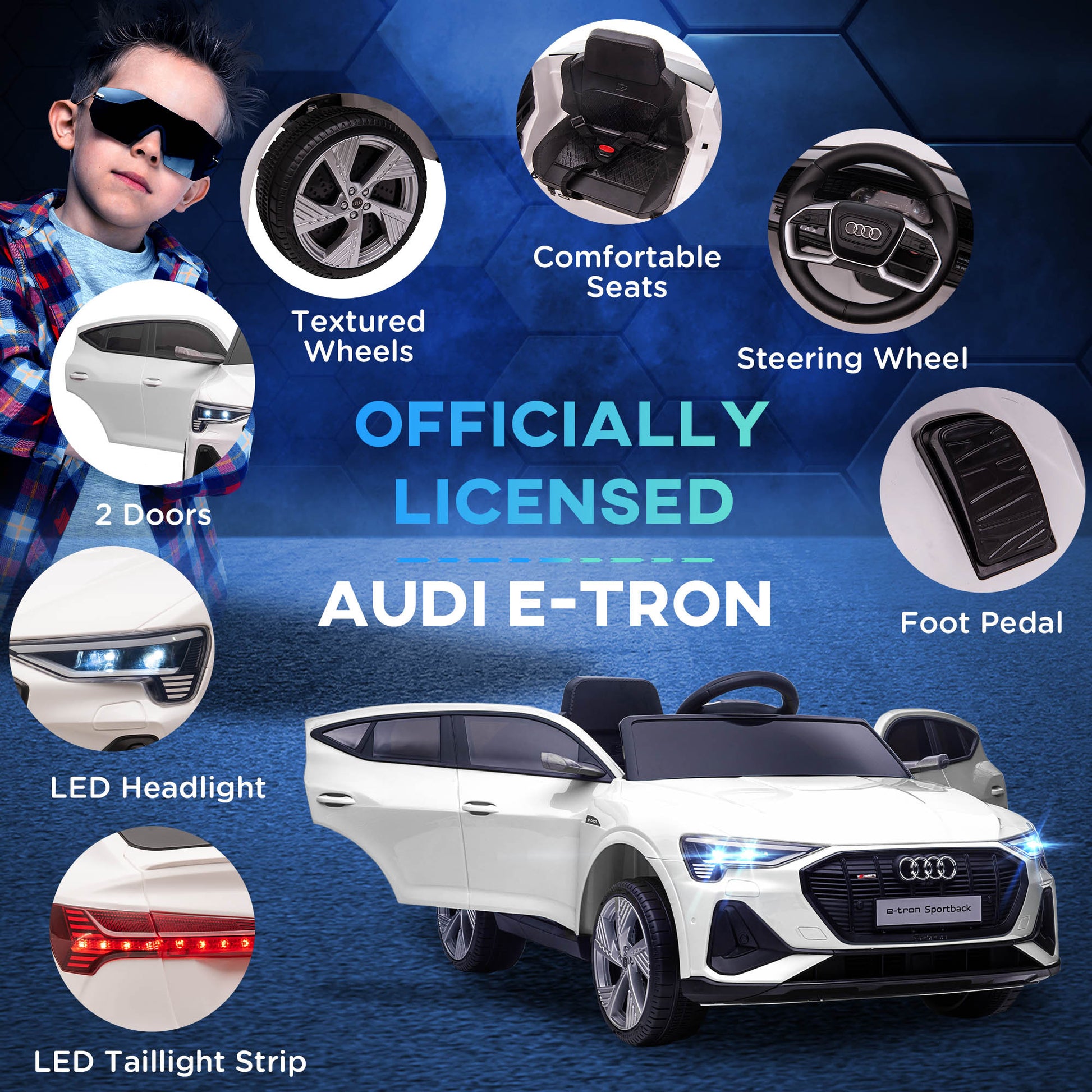 Aosom 12V Kids Electric Ride On Car, Audi E Tron, Battery Powered Toy With Parent Remote Control, Suspension System, Auxiliary Wheels, Led Lights, Music And Horn, Mp3 Player, White White Iron Plastic