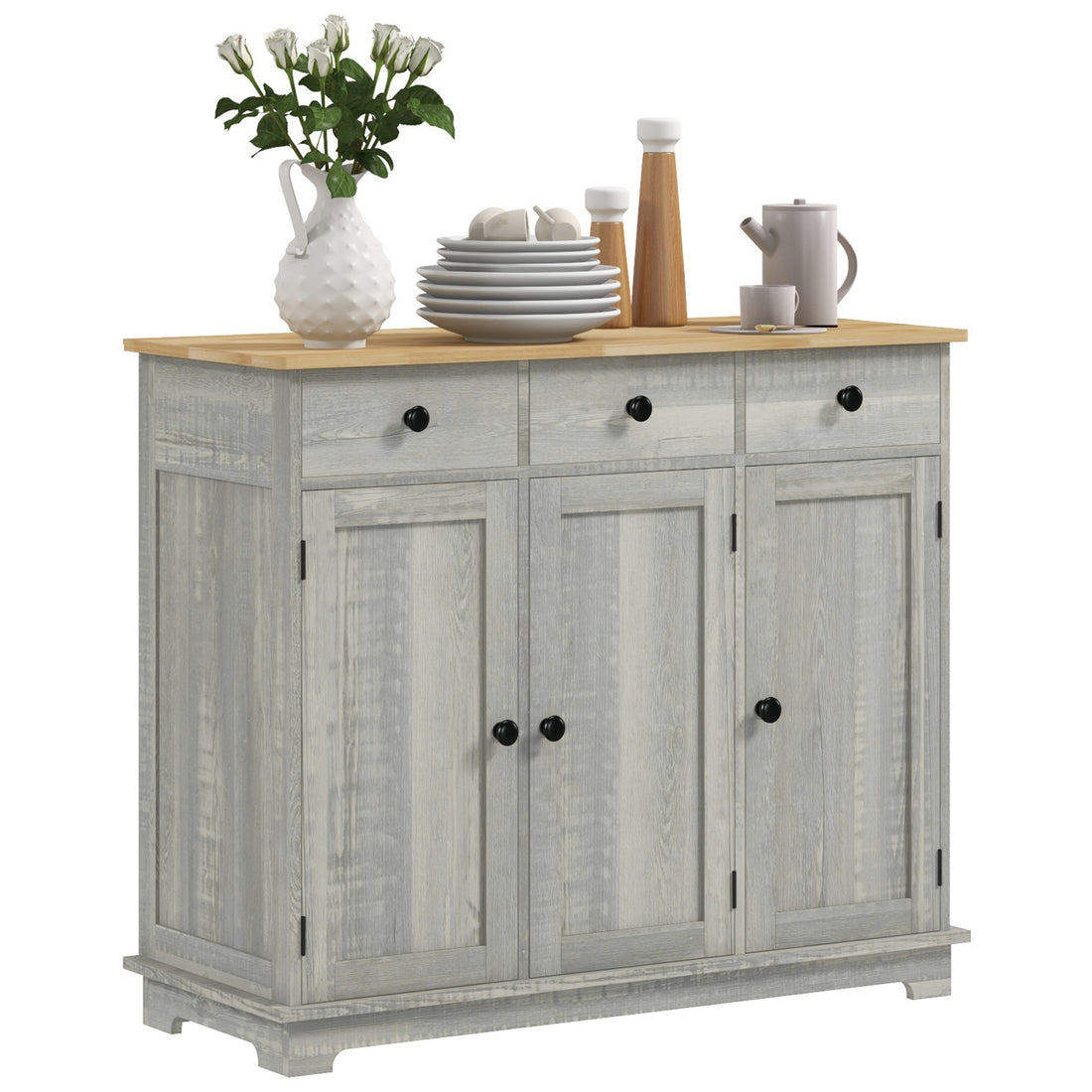 Homcom Sideboard With Solid Wood Countertop, Modern Kitchen Storage Cabinet, Coffee Bar Cabinet With 3 Drawers, Doors And Adjustable Shelf, Distressed Light Gray Light Gray Mdf